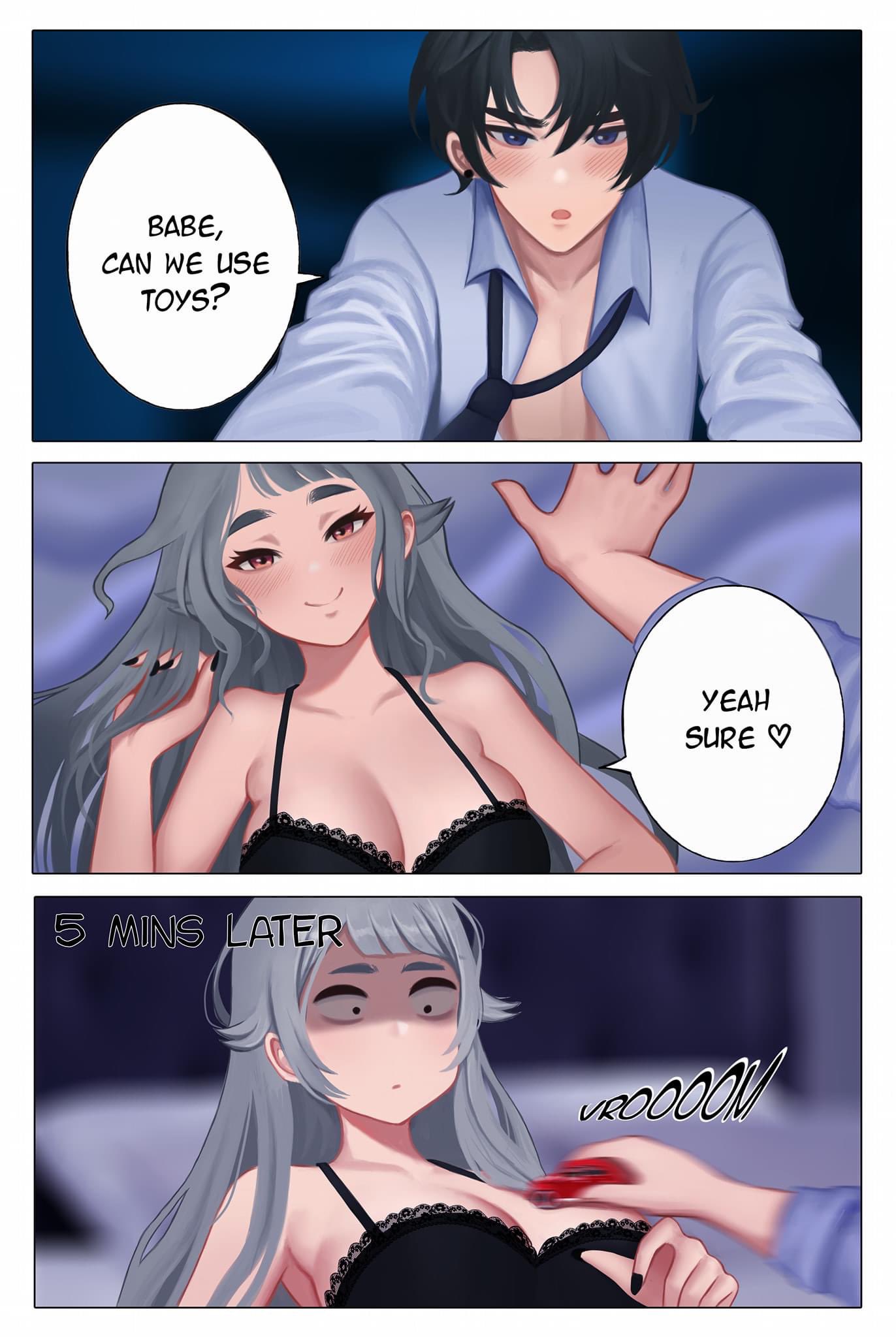 1boy 1girls 3koma big_breasts black_hair blush blushing breasts broom_broom comedy comic dialogue female funny grey_hair humor kd_chan lingerie male meme straight tagme toy toy_car