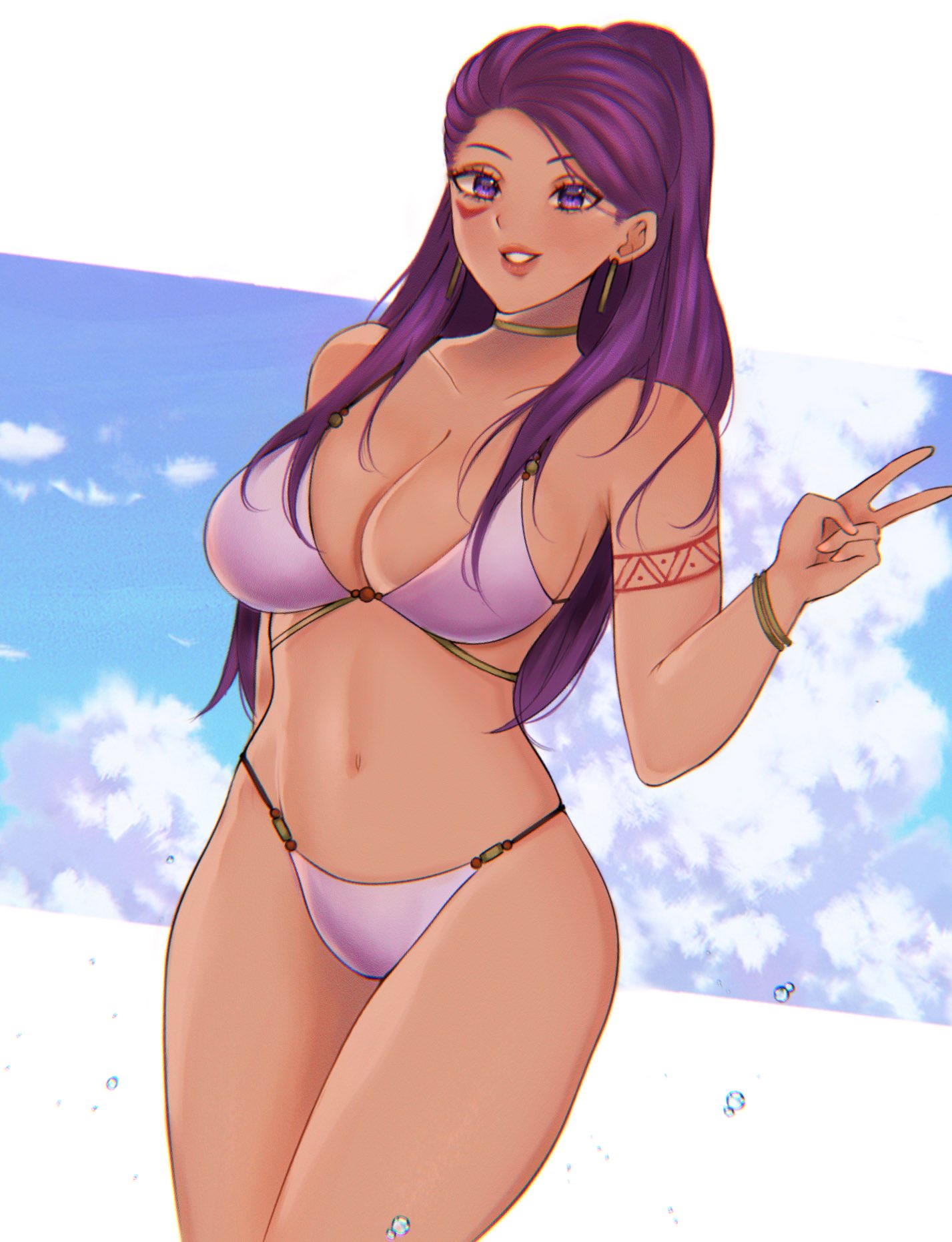 1girls, alternate breast size, alternate costume, bambi (cozybambii), bare arms, big breasts, bikini, breasts, cleavage, collarbone, dark skin, dark-skinned female, earrings, facial mark, female, fire emblem, fire emblem: three houses, grin, highres, jewelry, large breasts, lips, long hair, looking at viewer, medium breasts, nintendo, petra macneary, ponytail, post-timeskip, purple bikini, purple eyes, purple hair, purple swimsuit, sky, smile, solo, swimsuit, v