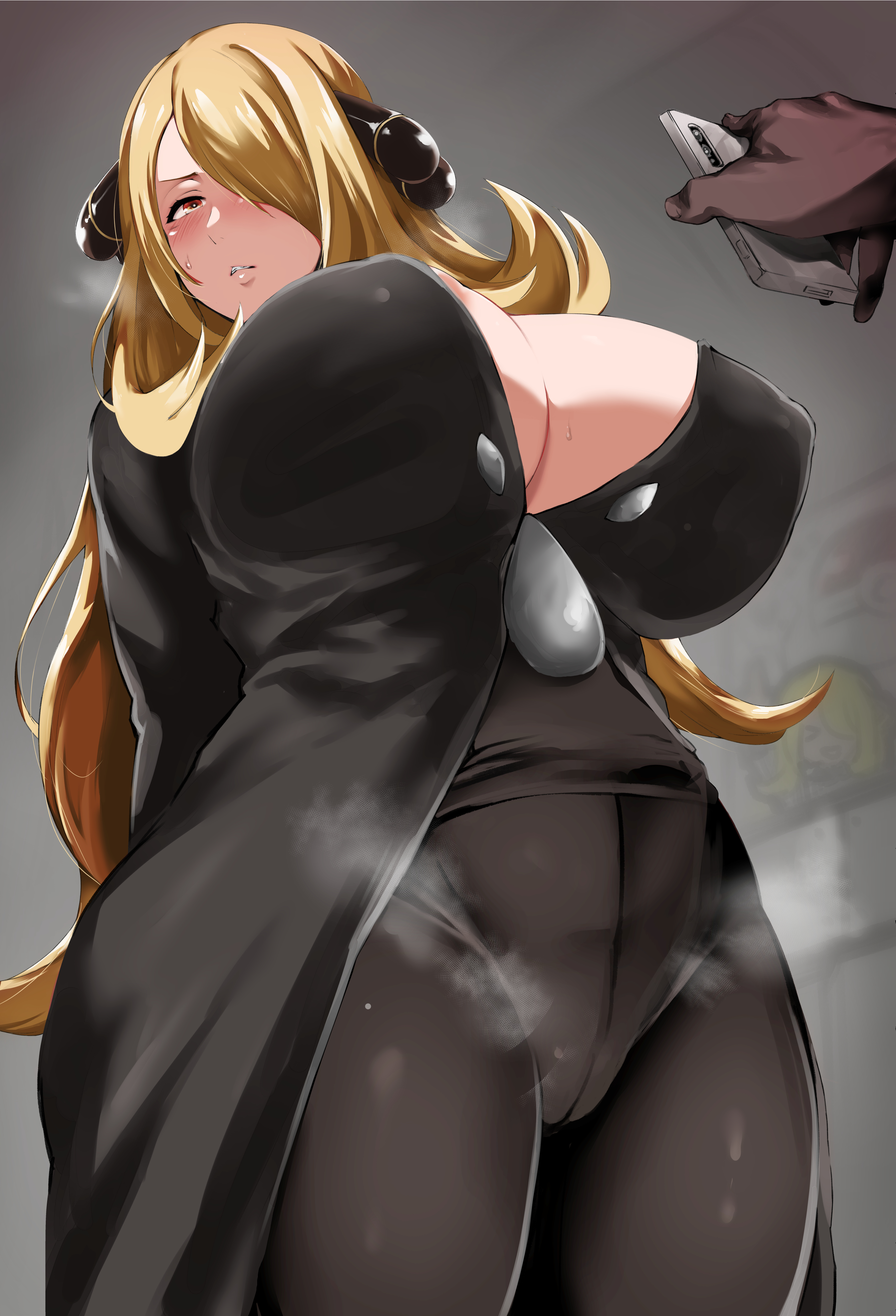 1boy, 1girls, alternate breast size, big breasts, black coat, black pants, blackmail, blonde hair, breasts, cellphone, curvaceous, curvy, cynthia (pokemon), erect nipples under clothes, female, fur trim, game freak, hair covering eye, hair ornament, holding cellphone, huge breasts, human, large breasts, long hair, male, nintendo, pokemon, pokemon dppt, ratetaso, standing, thick thighs