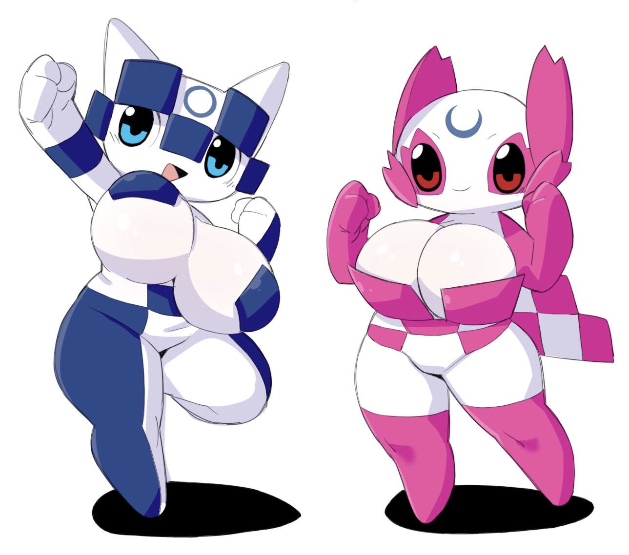 1boy 1boy1girl 1girls 2019 2020_tokyo_olympic 2020_tokyo_olympics absurd_res armwear big_breasts blue_body blue_eyes blue_skin breasts busty_boy closed_mouth gloves hi_res legwear looking_at_another looking_away male_with_breasts miraitowa open_mouth pink_body pink_eyes pink_skin sakana8888888 smile smiling someity thick_thighs tongue two_tone_body two_tone_skin unavailable_at_source white_background white_body white_skin