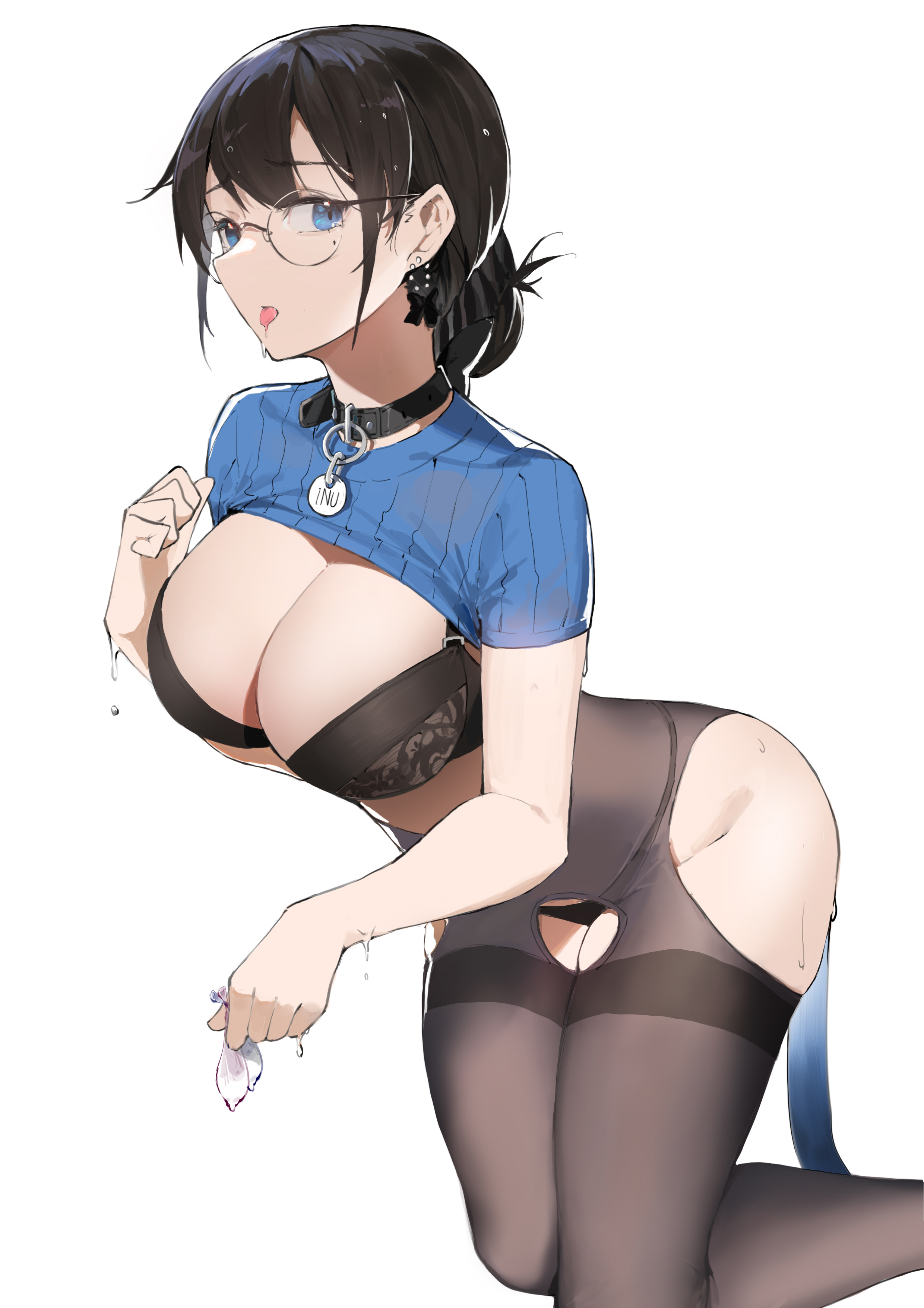 1girls, 2021, absurdres, aliosarvin, alternate version available, anal plug, bangs, black bra, black hair, black legwear, black panties, blue eyes, blue shirt, bra, breasts, buttplug, buttplug tail, cleavage, collar, crop top, dog tags, earrings, female, filled condom, filled condoms, glasses, highres, jewelry, kneeling, lace trim, lace-trimmed bra, large breasts, looking at viewer, original, panties, panties under pantyhose, pantyhose, ponytail, round eyewear, shirt, short hair, sidelocks, simple background, solo, tail plug, thighband pantyhose, tongue, tongue out, underwear