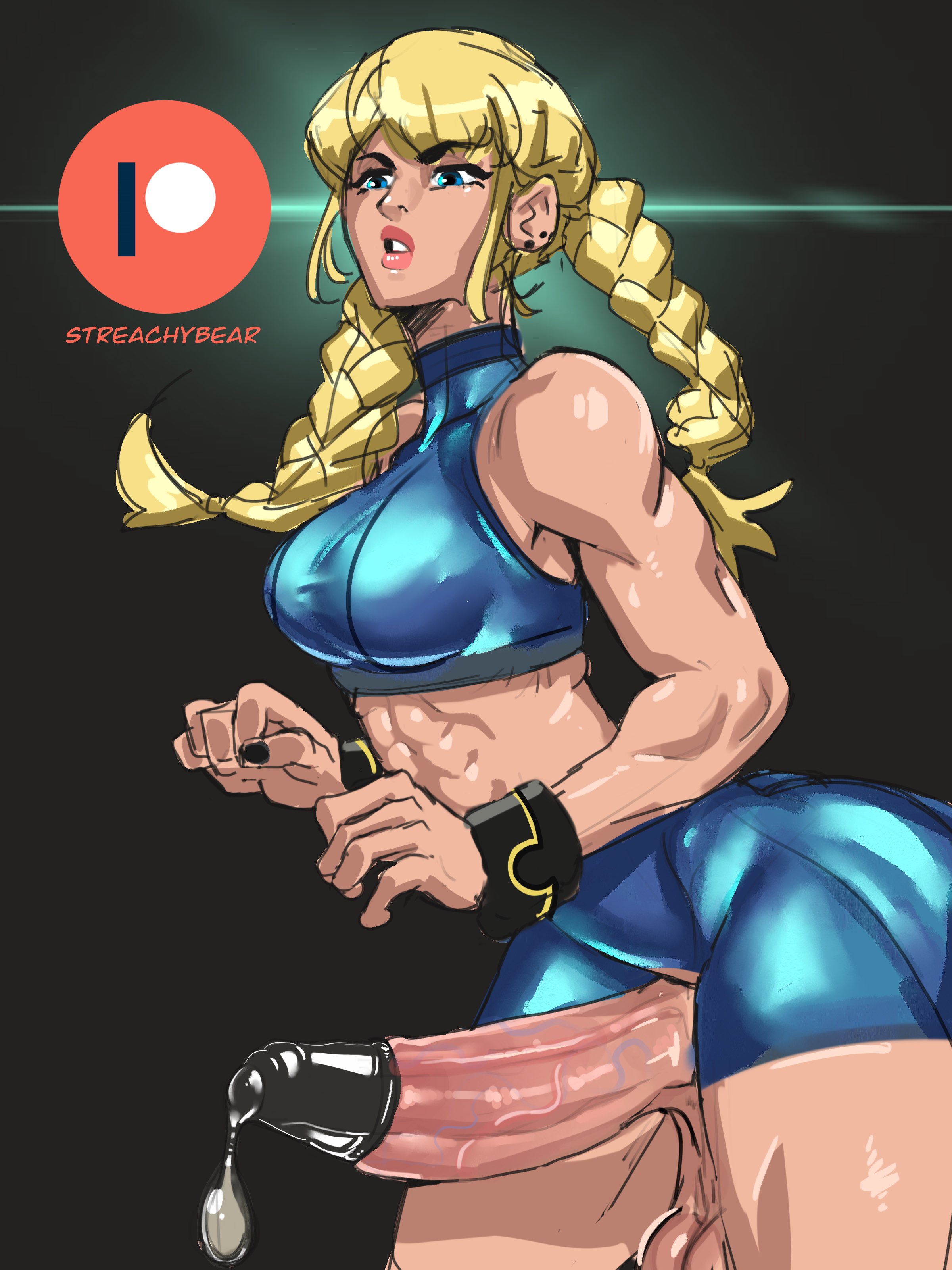 1futa, abs, balls, bare shoulders, biceps, big breasts, big penis, blonde hair, braid, breasts, clothed, clothing, condom, condom on penis, cum, erection, female, futa only, futanari, human, intersex, light skin, light-skinned futa, long hair, metroid, mostly clothed, muscular, muscular female, muscular futa, nintendo, pale skin, patreon logo, penis, penis out, samus aran, solo, standing, streachybear, thick thighs, wide hips, zero suit