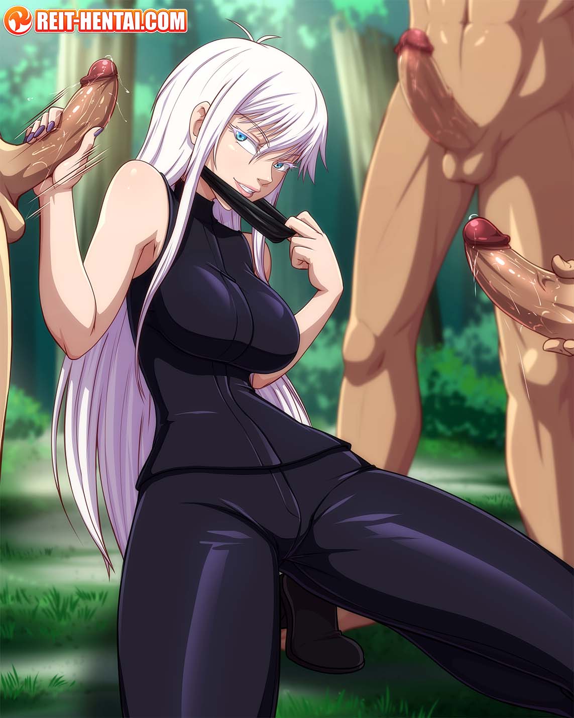 1girls, 3boys, blue eyes, dark skin, dark-skinned male, faceless male, female, genderswap, handjob, inminent sex, jujutsu kaisen, long hair, male, masturbation, multiple boys, multiple males, reit, rule 63, satoru gojo, tagme, tight clothing, watermark, white hair