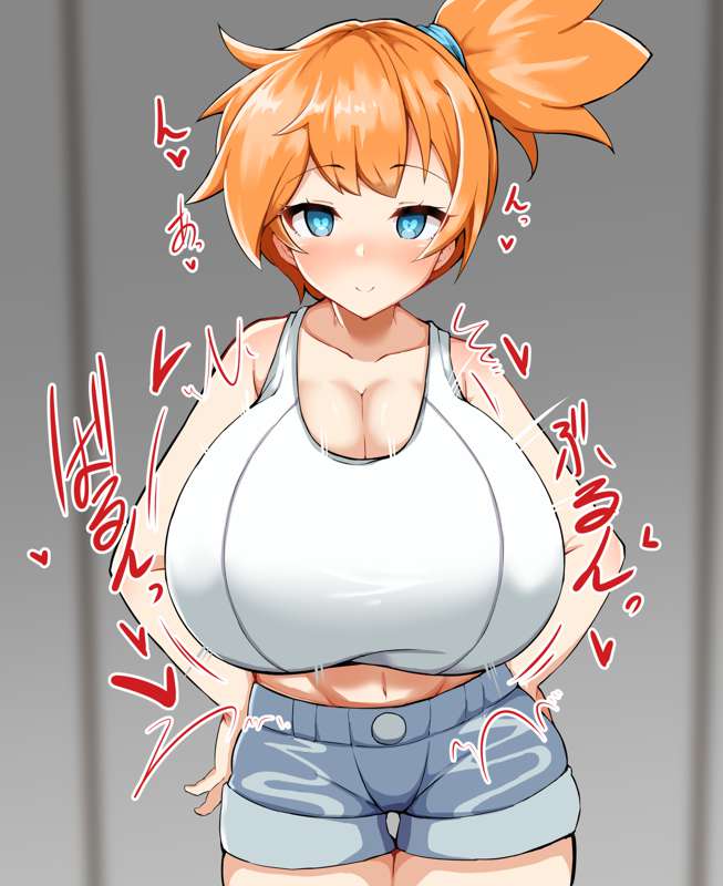 1girls, 2020s, 2021, alternate breast size, asymmetrical hair, bare arms, blue bottomwear, blue eyes, blush, breast expansion, breast growth, breast growth (enlargement), breasts, denim, denim shorts, detritus, duo, ecstasy, eyebrows visible through hair, female, female only, front view, game freak, gym leader, hands on hips, hips, huge breasts, hypnosis, indoors, kasumi (pokemon), legs, manga, mind control, misty (pokemon), navel, nintendo, orange hair, pokemon, pokemon (game), pokemon character, pokemon trainer, ponytail, red hair, shiny hair, shiny skin, shirt, short hair, short shorts, shorts, side ponytail, smile, solo female, solo focus, tank top, tied hair, tomboy, translated, white shirt, white topwear