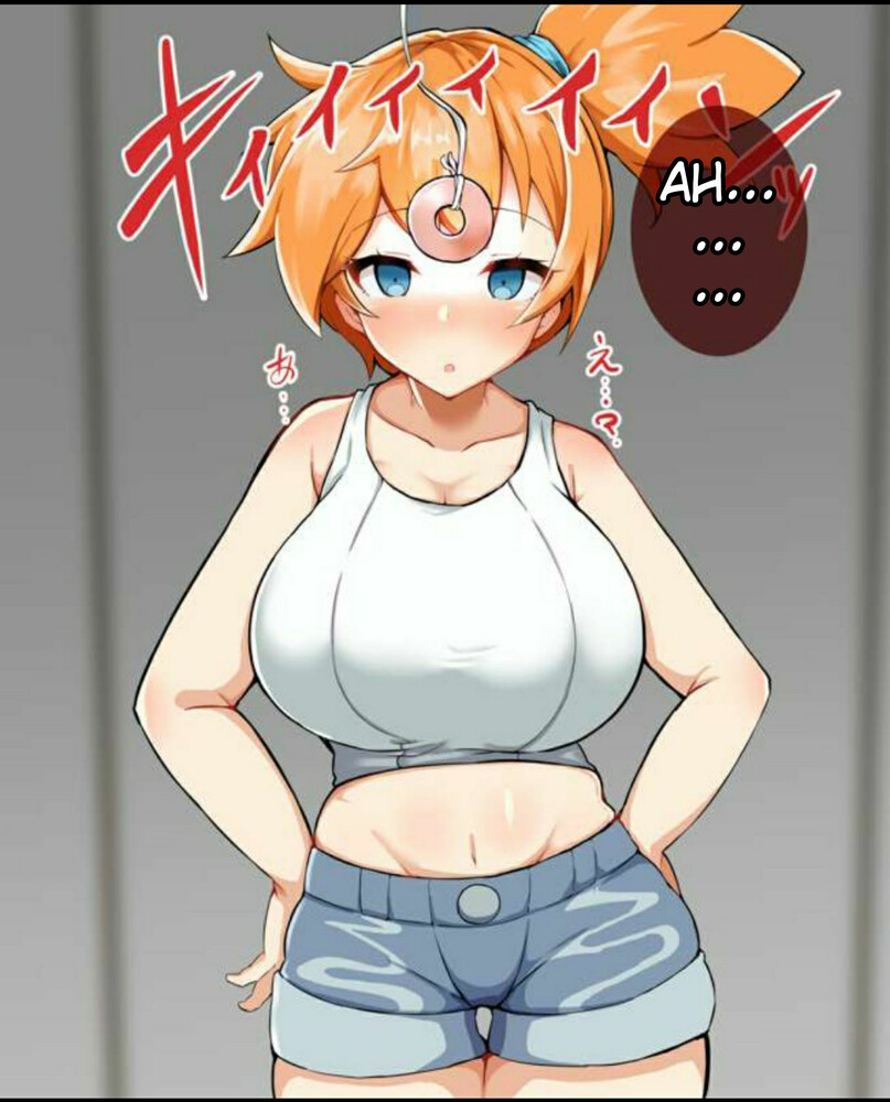 1girls, 2020s, 2021, alternate breast size, asymmetrical hair, bare arms, blue bottomwear, blue eyes, blush, breast expansion, breast growth, breast growth (enlargement), breasts, denim, denim shorts, detritus, duo, eyebrows visible through hair, female, female only, front view, game freak, gym leader, hands on hips, high resolution, hips, huge breasts, hypnosis, indoors, kasumi (pokemon), legs, manga, mind control, misty (pokemon), navel, nintendo, orange hair, pokemon, pokemon (game), pokemon character, pokemon trainer, ponytail, red hair, shiny hair, shiny skin, shirt, short hair, short shorts, shorts, side ponytail, solo female, solo focus, string, tank top, third-party edit, tied hair, tomboy, translated, white shirt, white topwear