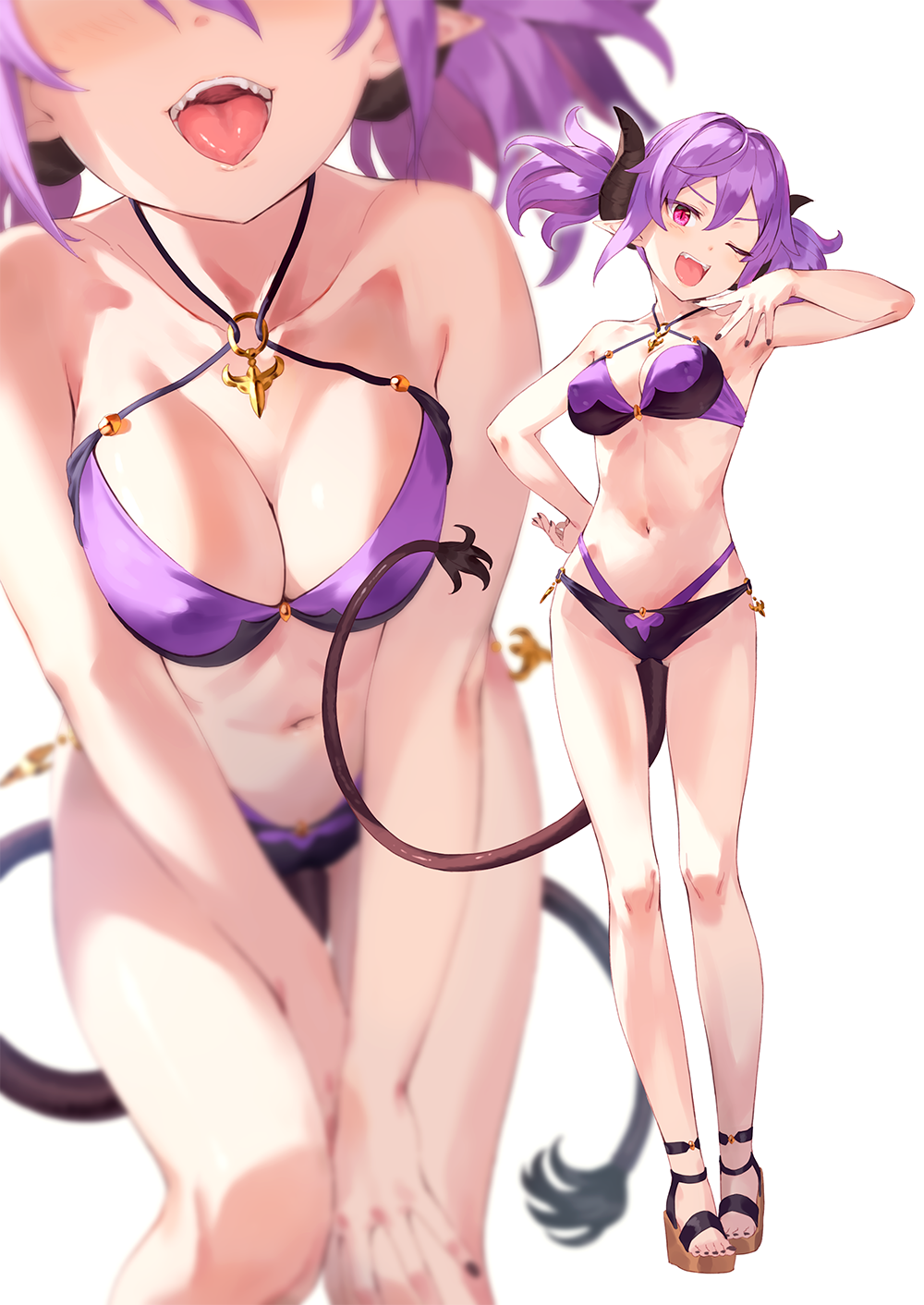 1girls ;o anklet armpits bare_arms bare_legs bare_shoulders bikini blush breasts elf_ears female female_focus female_only hand_on_hip horn kinta_(distortion) long_ears looking_at_viewer nail_polish nipple_bulge one_eye_closed pointy_ears purple_hair red_eyes short_hair succubus tagme tail tongue tongue_out twintails wedge_heels