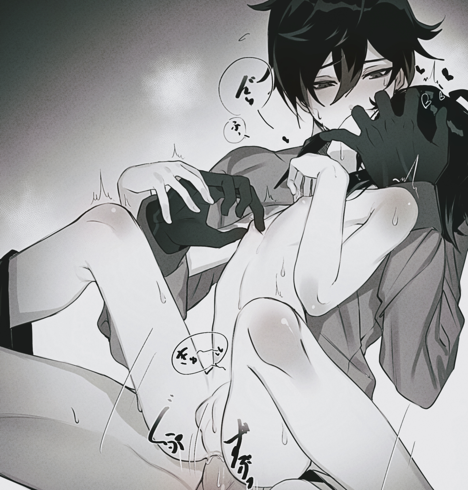 arching back, artist request, ass, bakdd, black hair, blush, eyes half open, face to face, genshin impact, gloves, legs apart, male, male only, nipples touching, penis, penis in ass, romantic, xiao (genshin impact), yaoi, zhongli (genshin impact)