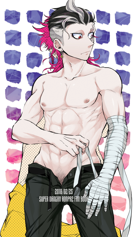 2boys abs bandage danganronpa danganronpa_2:_goodbye_despair den_meka earring eye_tattoo gundham_tanaka heterochromia hiding kazuichi_souda light-skinned_male light_skin looking_to_the_side male male_only muscular muscular_male navel nipples pink_hair pubic_hair_peek smooth_skin topless two_tone_hair undercut