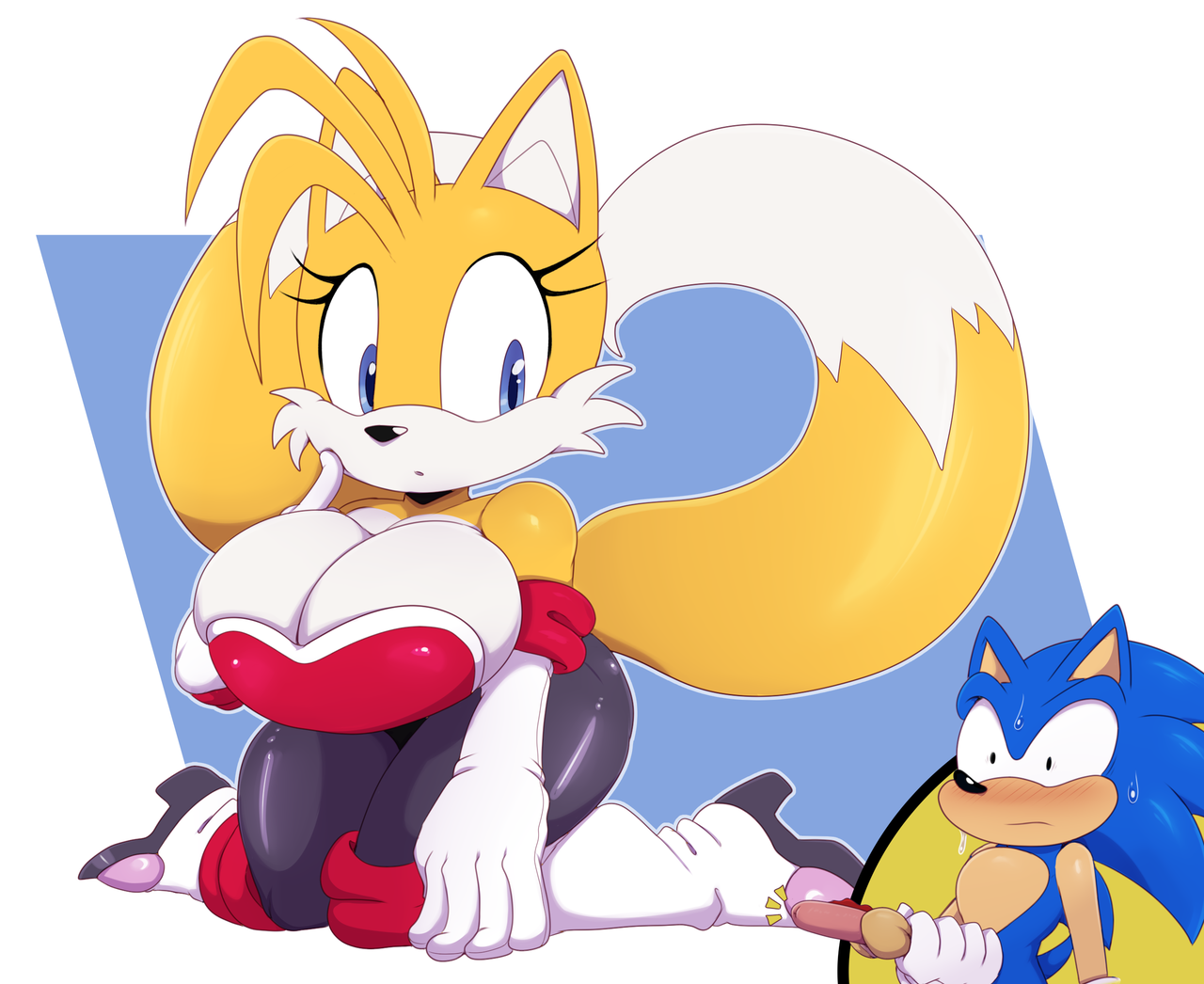1boy, 1girls, 2 tails, 2021, anthro, big breasts, bigdon1992, blue body, blue fur, breasts, canid, canine, cleavage, clothed, clothing, digital media (artwork), duo, eulipotyphlan, exposed torso, female, food, footwear, fox, fur, furry, genderswap, genderswap (mtf), genitals, gloves, green eyes, handwear, hedgehog, hot dog, male, mammal, mostly nude, multi tail, rouge the bat, rouge the bat (cosplay), rule 63, sega, simple background, sonic (series), sonic the hedgehog, sonic the hedgehog (series), tail, tails, tails the fox, tailsko, teasing, video games, wide hips