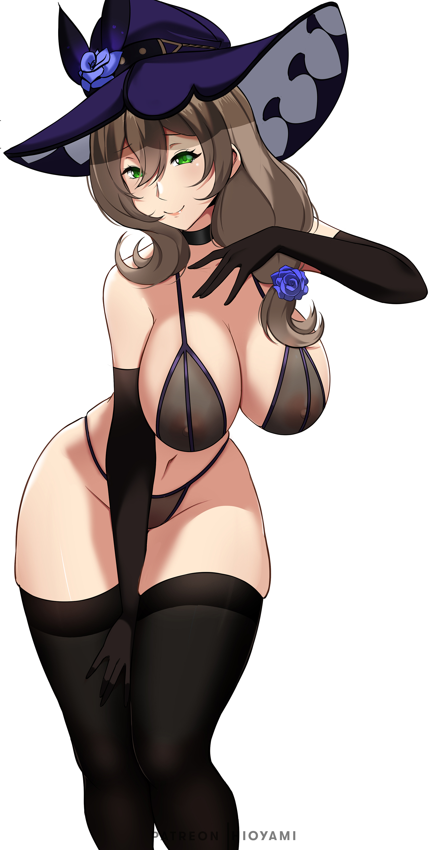1girls, big breasts, breasts, female, genshin impact, green eyes, hat, hioyami, lisa (genshin impact), long hair, smiling, thick thighs, thigh gap, thighhighs, thighs, white background, wide hips, witch hat