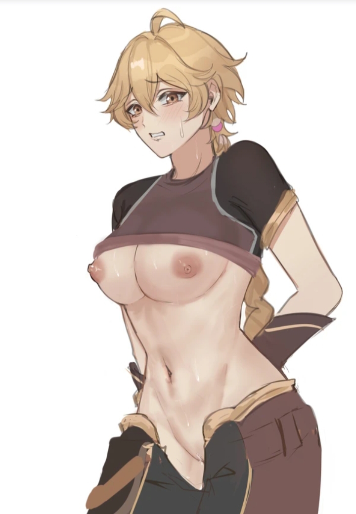 1girls, aether (genshin impact), areolae, blonde hair, braided hair, breasts, crop top, female, genderswap, genderswap (mtf), genshin impact, gold eyes, ha ze, ha ze (twitter), long hair, male, male to female, nipples, pussy, pussy juice, rule 63, solo, wet pussy, white background
