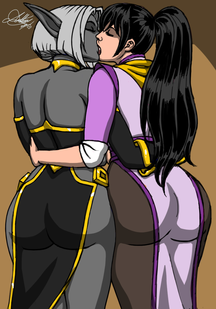 2girls ass asses_touching behind_view butt butts_touching clothed clothes clothing commission commission_art commissioner_upload crossover dark_elf dungeons_3 eyes_closed female female_only fighter_(goblin_slayer) goblin_slayer grabbing grabbing_from_behind human kaywest kiss kissing multiple_girls rear_view thalya yuri