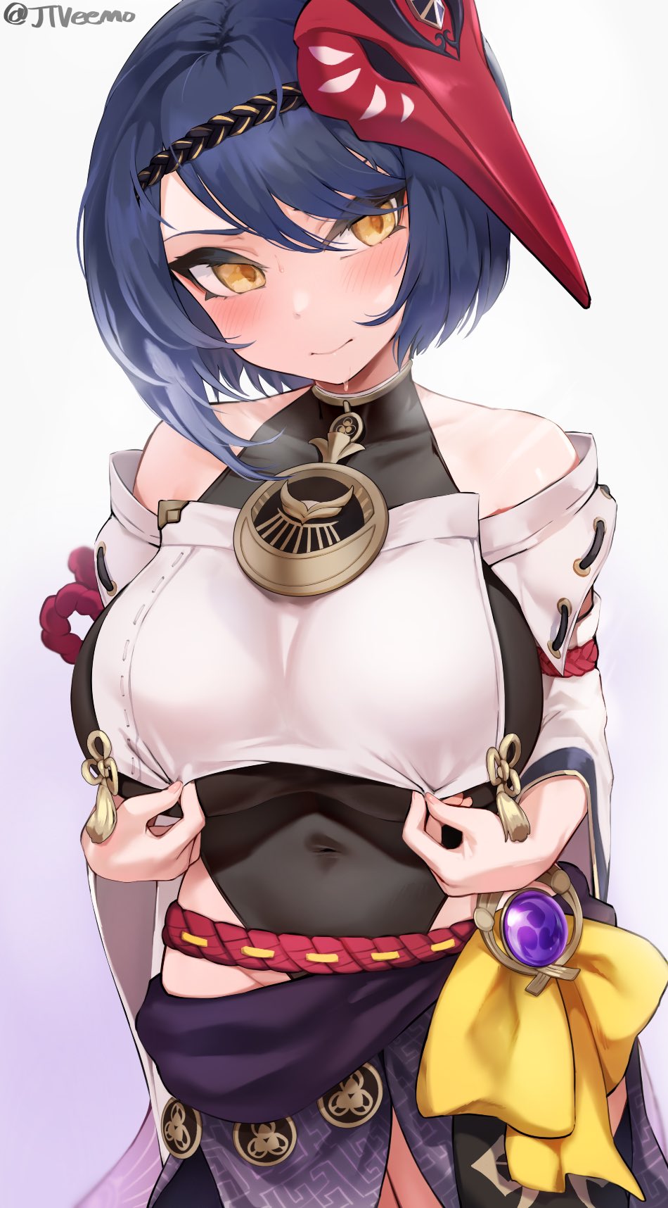 1girls, big breasts, blush, breasts, female, female only, genshin impact, jtveemo, kujou sara, large breasts, solo