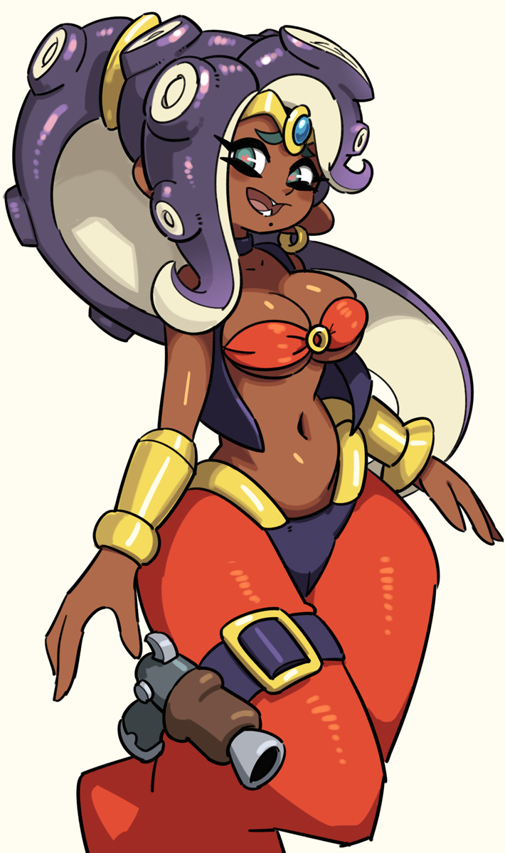 big breasts, breasts, brown body, brown skin, cephalopod, cephalopod humanoid, choker, cleavage, clothed, clothing, cosplay, costume, crossover, crossover cosplay, dark skin, dark-skinned female, ear piercing, earrings, female, female only, green eyes, gun, handgun, hi res, humanoid, jewelry, looking at viewer, marina (splatoon), midriff, navel, necklace, nintendo, piercing, pistol, pseudo hair, ranged weapon, shantae, shantae (character), shantae (cosplay), simple background, solo, splatoon, tentacle, tentacle hair, wayforward, yuta agc