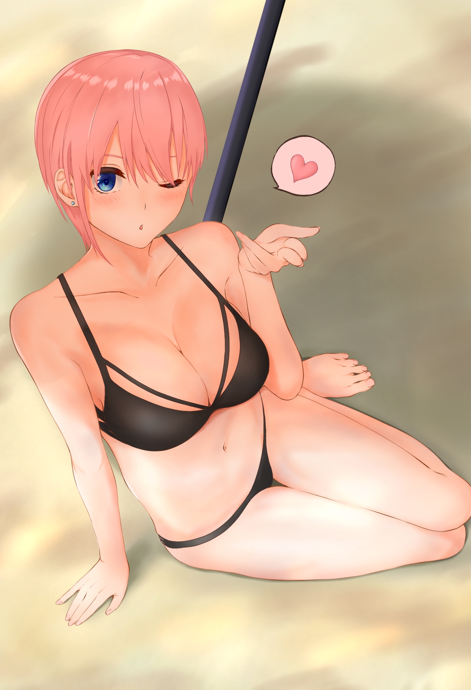 1girls, artist request, big breasts, bikini, black bikini, blowing kiss, blue eyes, breasts, cleavage, female, female only, go-toubun no hanayome, heart, large breasts, looking at viewer, nakano ichika, navel, pink hair, short hair, sitting, solo