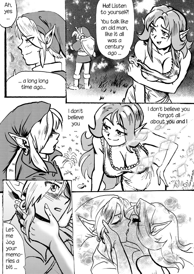 comic comic_page dress dressing greyscale hylian kissing link link_(ocarina_of_time) malon ocarina_of_time pointy_ears saikyo3b straight the_legend_of_zelda