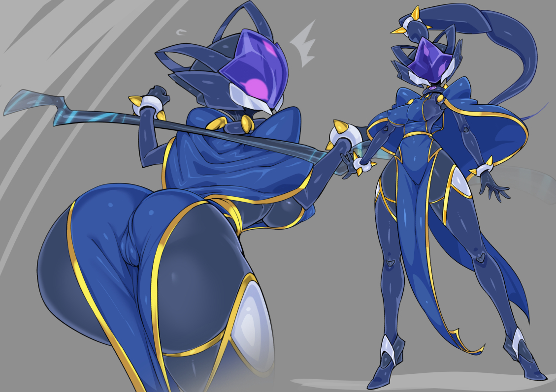 1 eye, 1girls, 2d, android, ass, ass focus, big breasts, black breasts, black skin, breasts, cameltoe, erect nipples, erect nipples under clothes, female, forehead jewel, front and back, full body, grey background, high resolution, highres, holding weapon, hybrid, in profile, jewelry, kilala lapis, looking at viewer, looking back, nipples, no mouth, no nose, original, pelvic curtain, pochincoff, ponytail, purple eyes, purple hair, pussy, robot, robot girl, sideboob, solo, solo female, tied hair, underboob, weapon