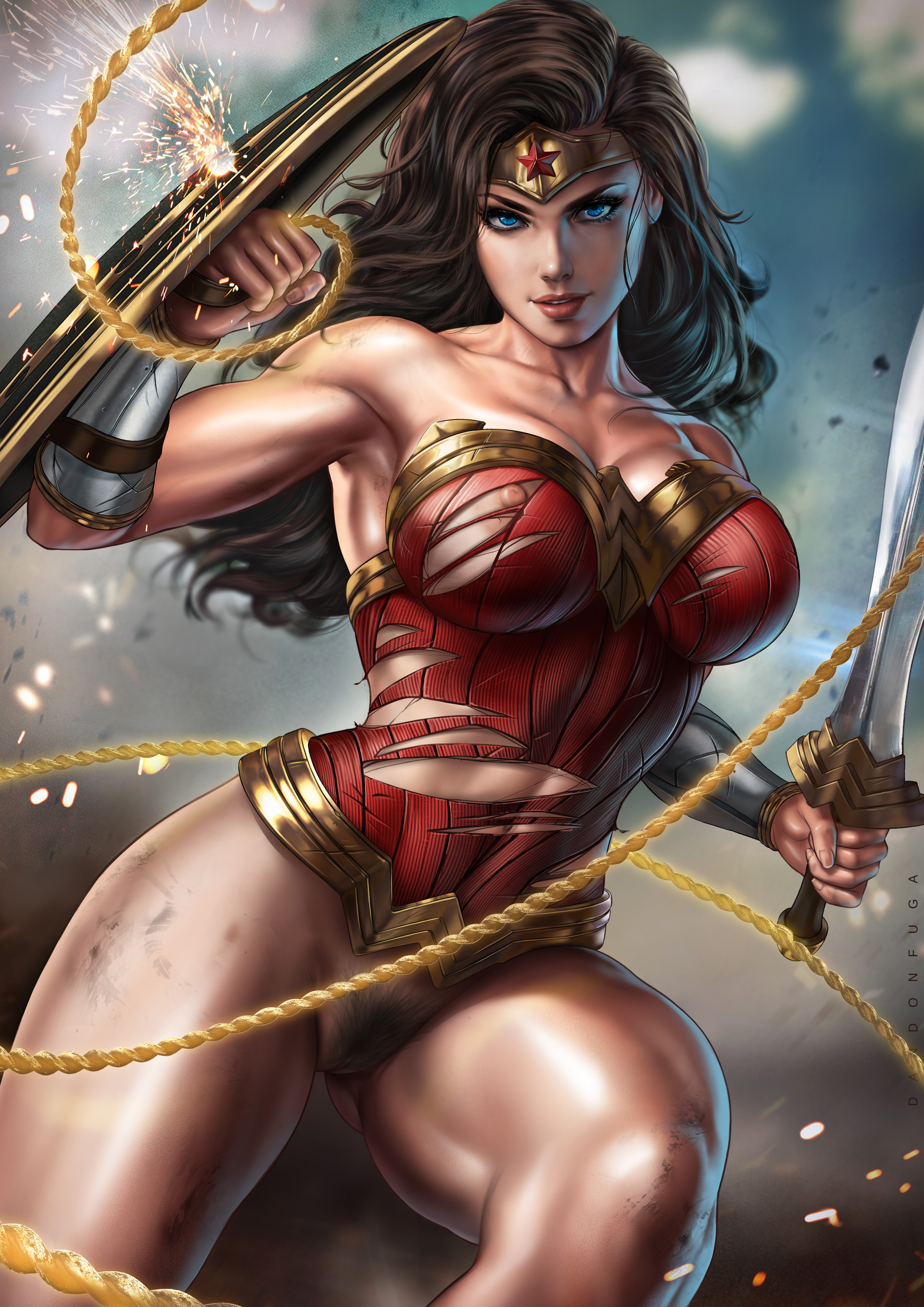 1girls, abs, big breasts, bottomless, breasts, damaged clothes, dandon fuga, dc, dc comics, diana prince, dirty, female, hi res, looking at viewer, muscular, muscular female, navel, nipples, paid reward, patreon reward, pubic hair, pussy, shield, sword, tiara, torn clothes, torn clothing, wonder woman, wonder woman (series)