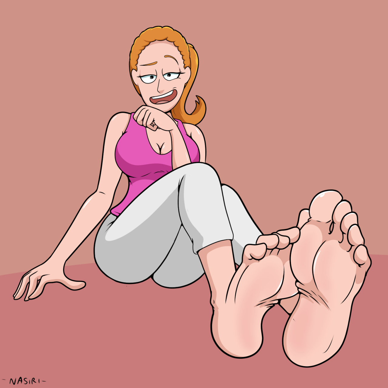 1girls, adult swim, barefoot, breasts, cartoon network, feet, female, female only, foot fetish, foot focus, looking at viewer, nasiri (artist), orange hair, rick and morty, soles, solo, summer smith, toes