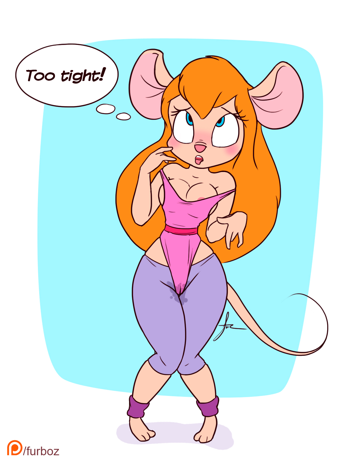 anthro, areola slip, areolae, bent wrist, blush, breasts, cameltoe, chip 'n dale rescue rangers, classic enf pose, disney, embarrassed, embarrassed nude female, enf, english, english text, exercise clothing, female, furboz, gadget hackwrench, knees together feet apart, leotard, long hair, looking pleasured, nipples, orange hair, pigeon-toed, pussy, pussy juice, pussy juice stain, red hair, text, text bubble, thought bubble, tight clothing, tight fit, tiptoes, tongue, tongue out, wet