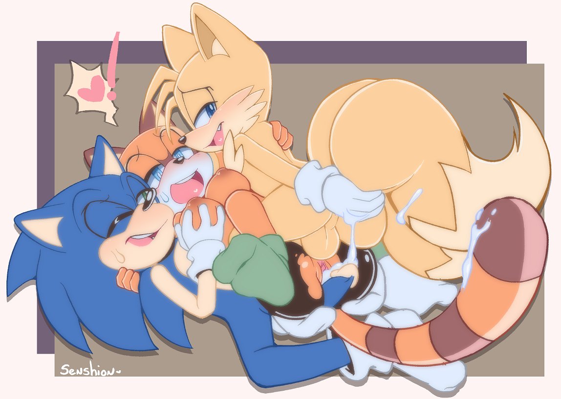 after sex, anthro, anthro on anthro, ass, balls, blue eyes, bodily fluids, breast grab, breasts, canid, canine, clothing, cum, cum in pussy, cum inside, dipstick tail, erection, eulipotyphlan, excessive cum, female, footwear, fox, genital fluids, genitals, gloves, green eyes, group, group sex, half-closed eyes, hand on breast, handwear, heart, hedgehog, looking pleasured, male, male/female, mammal, marine the raccoon, mostly nude, multicolored tail, narrowed eyes, nipples, one eye closed, open mouth, orgasm, penis, pictographics, procyonid, pussy, raccoon, sega, senshion, sex, signature, socks, sonic (series), sonic the hedgehog, sonic the hedgehog (series), speech bubble, tails, tails the fox, teeth, threesome, tongue, trio, tuft, video games
