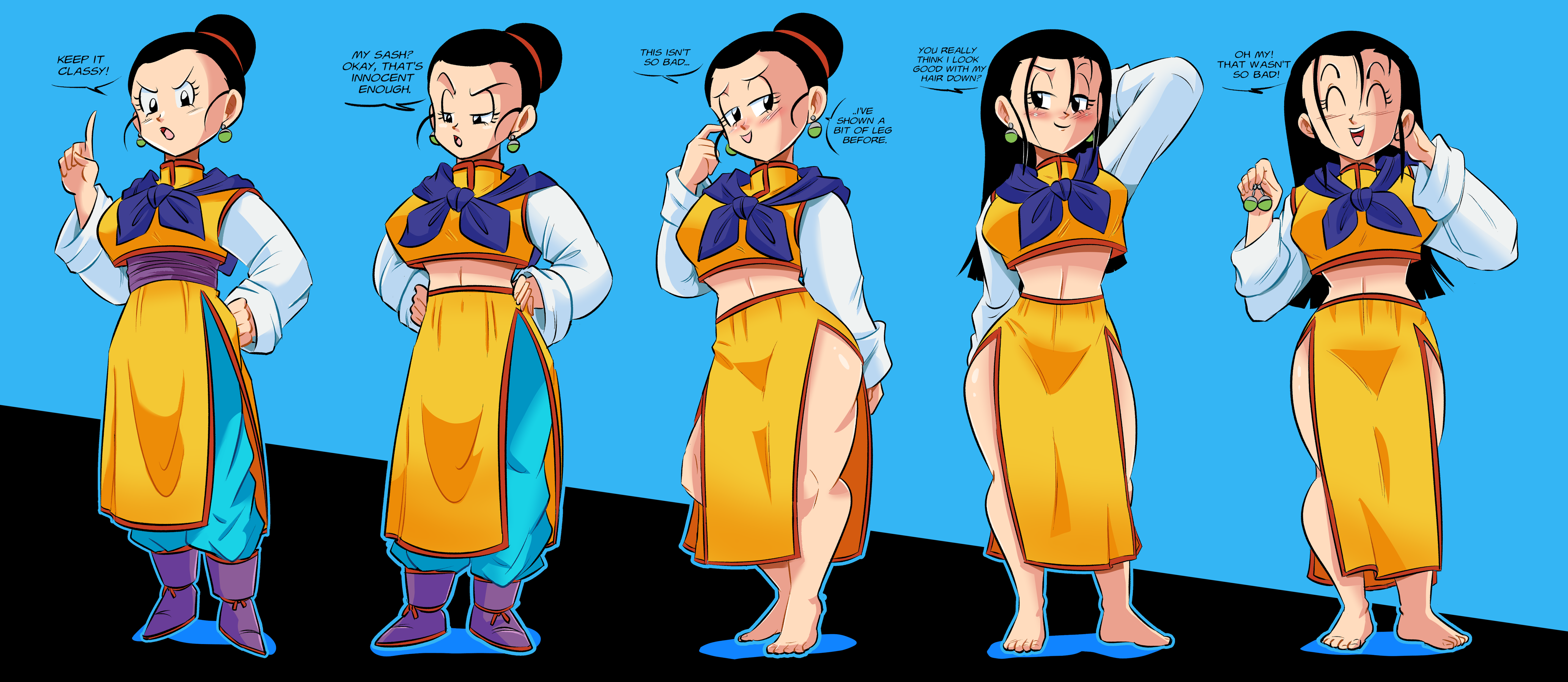 1girls, breasts, chichi, dialogue, dragon ball, dragon ball super, dragon ball z, female, female only, funsexydragonball, hair down, huge breasts, milf, shounen jump, solo, solo female, strip game, thick thighs
