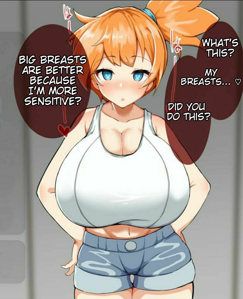 1girls, 2020s, 2021, alternate breast size, asymmetrical hair, bare arms, blue bottomwear, blue eyes, blush, breast expansion, breast growth, breast growth (enlargement), breasts, denim, denim shorts, detritus, duo, ecstasy, eyebrows visible through hair, female, female only, front view, game freak, gym leader, hands on hips, high resolution, hips, huge breasts, hypnosis, indoors, kasumi (pokemon), legs, manga, mind control, misty (pokemon lgpe), misty (pokemon), navel, nintendo, orange hair, pokemon, pokemon (game), pokemon character, pokemon trainer, ponytail, red hair, shiny hair, shiny skin, short hair, short shorts, shorts, side ponytail, solo female, solo focus, tank top, third-party edit, tied hair, tomboy, translated, white topwear