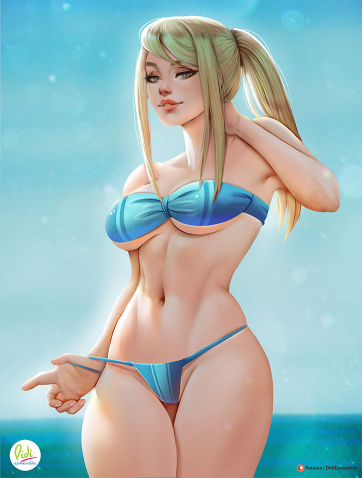 bikini, blonde hair, breasts, didi esmeralda, female, female only, fit, fit female, large breasts, looking at viewer, metroid, nintendo, ponytail, samus aran, tubetop, viewed from below