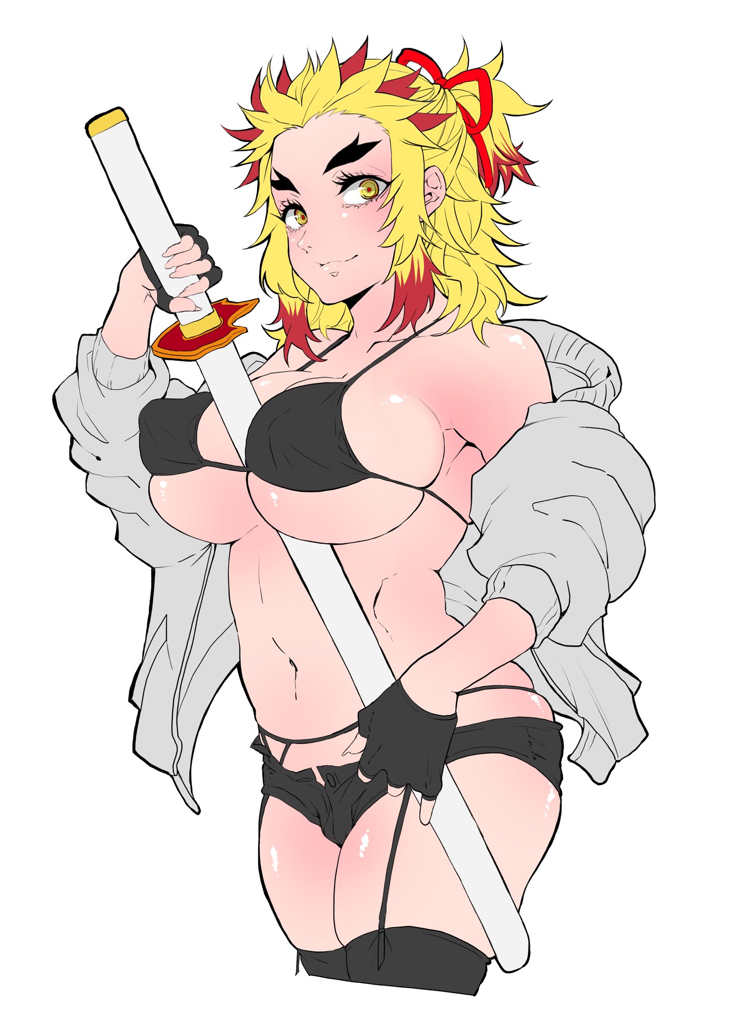 alternate costume, big breasts, black bikini, black clothing, black thighhighs, blonde hair, breasts, clothing, demon slayer, erect nipples under clothes, female, female only, fingerless gloves, garter belt, garter straps, genderswap, genderswap (mtf), gloves, hi res, kimetsu no yaiba, looking at viewer, micro bikini, nipples, ponytail, red eyes, rengoku kyoujurou, rule 63, short shorts, smile, solo, sweatshirt, sword, taiga (pixiv), thick eyebrows, thick thighs, thighhighs, two-tone hair, underboob, underwear, wide hips, yellow eyes, zettai ryouiki