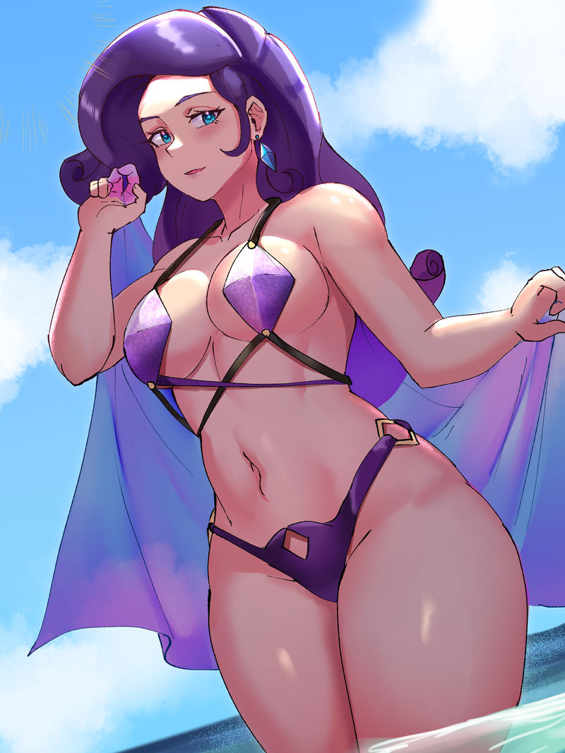 1girls, beach, bikini, blue eyes, breasts, equestria girls, female, female only, friendship is magic, hasbro, humanized, iojknmiojknm, large breasts, long hair, looking at viewer, my little pony, outside, purple hair, rarity (eg), smooth skin, solo, solo female, thighs, veil, wide hips