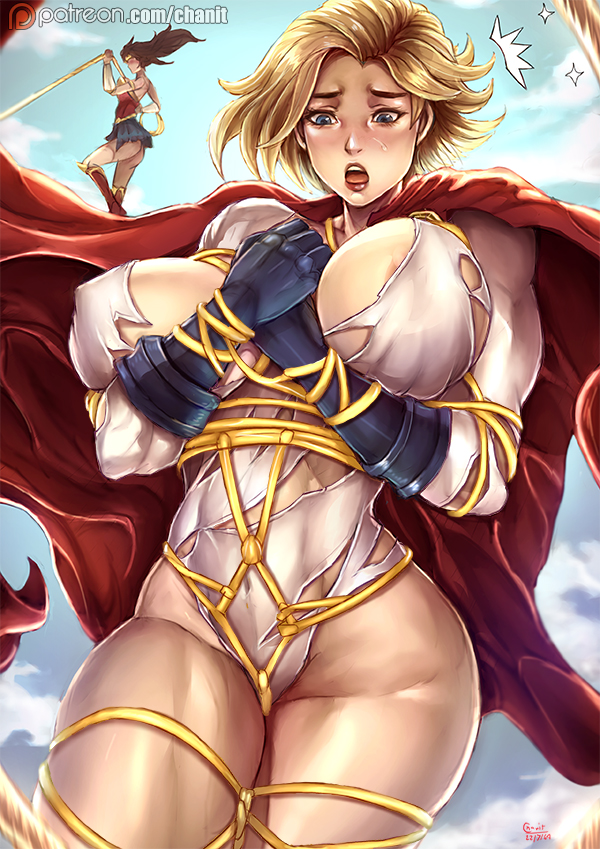 big_breasts black_hair blonde blonde_hair blue_eyes blush bondage busty cape captured_heroine captured_superheroine dc dc_comics diana_prince fat_breasts flying gloves huge_breasts implied_yuri kachima karen_starr kryptonian lasso_of_truth leotard long_hair pokies power_girl rope_bondage short_hair superheroine superman_(series) tied_up torn_clothes torn_leotard wonder_woman wonder_woman_(series)