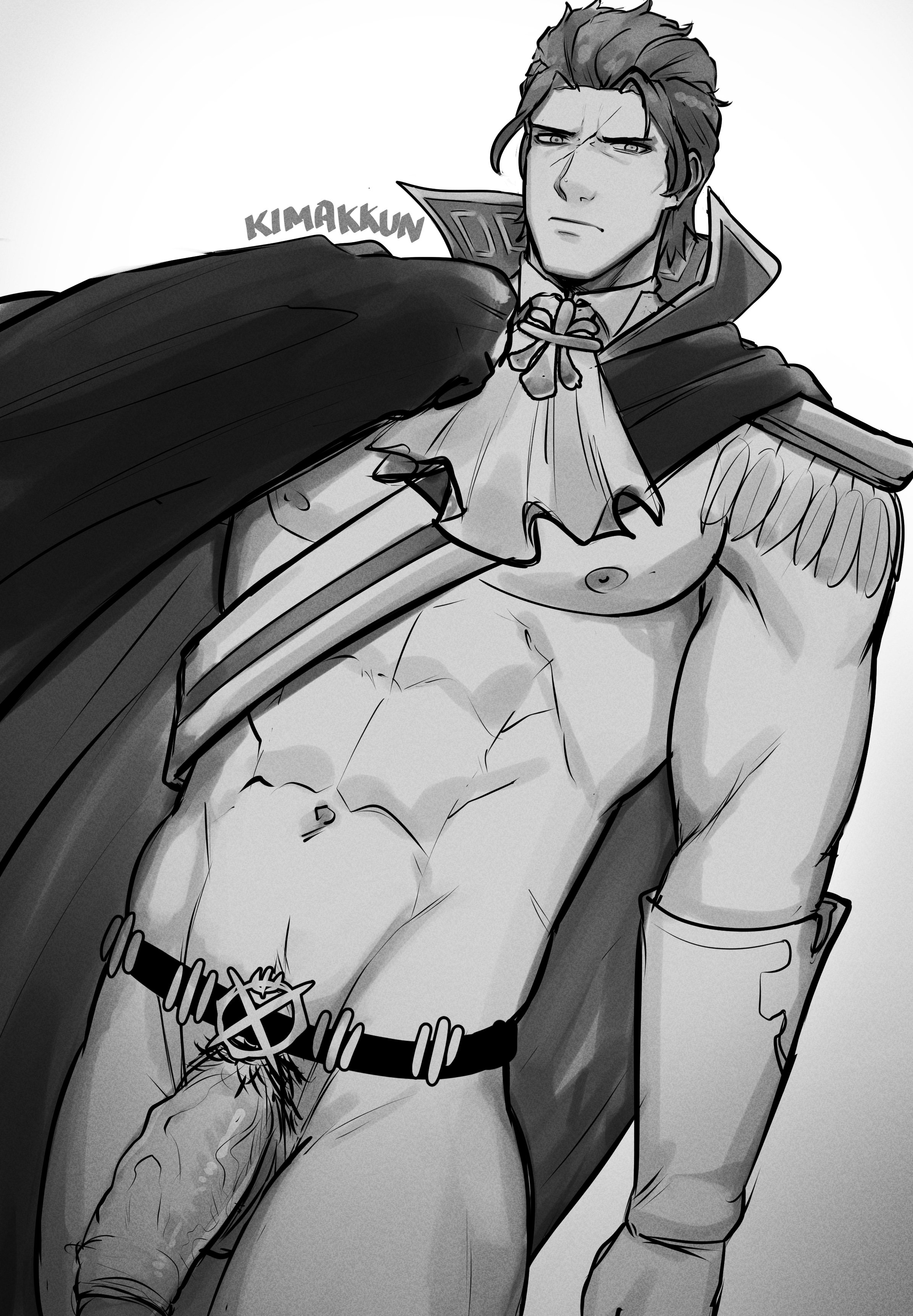 1boy, abs, balls, bara, barok van zieks, belt, cape, cape only, clothed, daddy, dai gyakuten saiban, dilf, foreskin, gyakuten saiban, kimakkun, large penis, male, male focus, male only, muscles, muscular, muscular male, nipples, partially retracted foreskin, pecs, penis, pubic hair, retracted foreskin, short hair, solo, solo male, the great ace attorney, uncircumcised, uncut, veins, veiny penis, yaoi