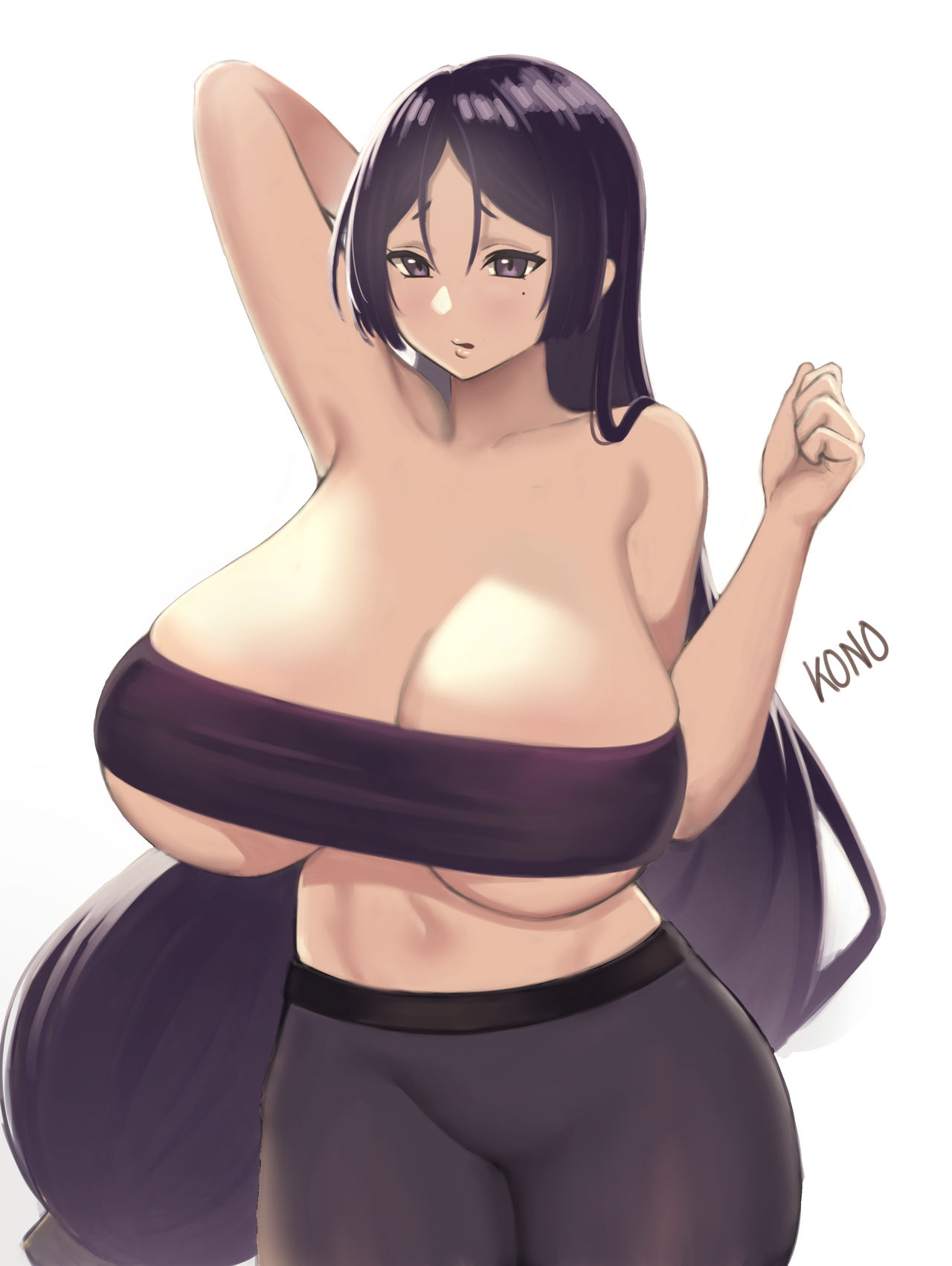 1girls, bandeau, breasts, fate (series), fate/grand order, female, female only, huge breasts, long hair, minamoto no raikou (fate/grand order), purple eyes, purple hair, sweatpants, tubetop, voluptuous, xerondan, yoga pants