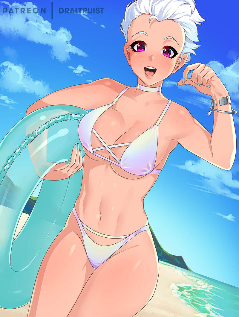 1girls abs beach bikini bracelet draltruist fit_female fleetfoot_(mlp) friendship_is_magic humanized large_breasts my_little_pony purple_eyes seaside short_hair very_short_hair white_hair