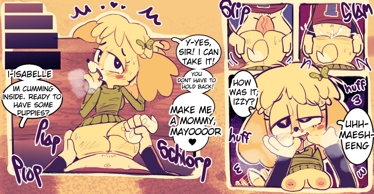 1boy, 1girls, animal crossing, anthro, canaryprimary, comic, cum, cum in pussy, cum inside, cum inside request, female, finger in mouth, fingers in mouth, fur, furry, impregnation, impregnation request, isabelle (animal crossing), male, male/female, nintendo, pussy, sex, vaginal penetration, villager (animal crossing), yellow fur