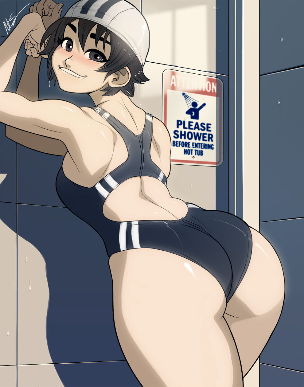 asian ass athletic_female big_ass black_eyes black_hair bubble_butt cap capcom dat_ass female_only fit_female indoors inviting leaning_against_wall looking_back_at_viewer one-piece_swimsuit presenting_ass sakura_kasugano seductive seductive_smile short_hair showers smile solo solo_female street_fighter swimming_cap swimsuit teasing tomboy triplexmile very_short_hair