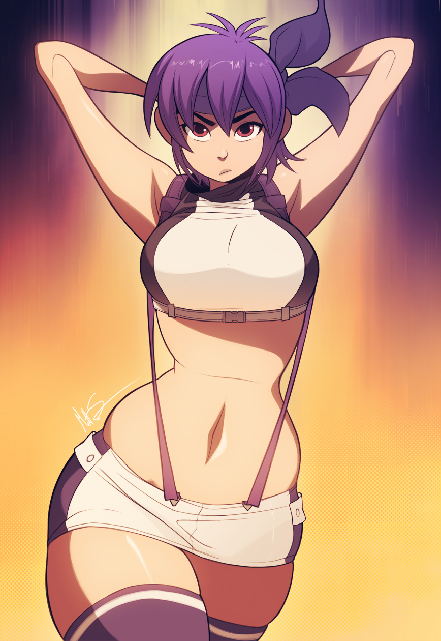 armpits, ayane (doa), breasts, child bearing hips, dead or alive, female, female only, hairbow, hourglass figure, large breasts, looking at viewer, miniskirt, msperoni, purple hair, red eyes, short hair, stockings, suspenders, tank top, thunder thighs, triplexmile, wide hips