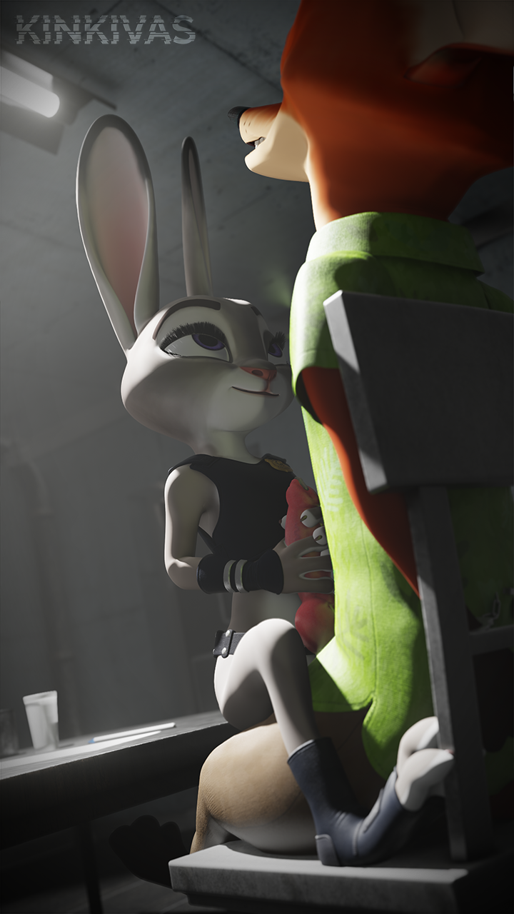 3d_(artwork) anthro bodily_fluids bondage bound canid canine clothed clothing cum digital_media_(artwork) disney duo erection female fox genital_fluids genitals handcuffs handjob hi_res judy_hopps kinkivas lagomorph leporid male male/female mammal nick_wilde penis police_uniform rabbit red_fox shackles smile submissive submissive_male uniform zootopia