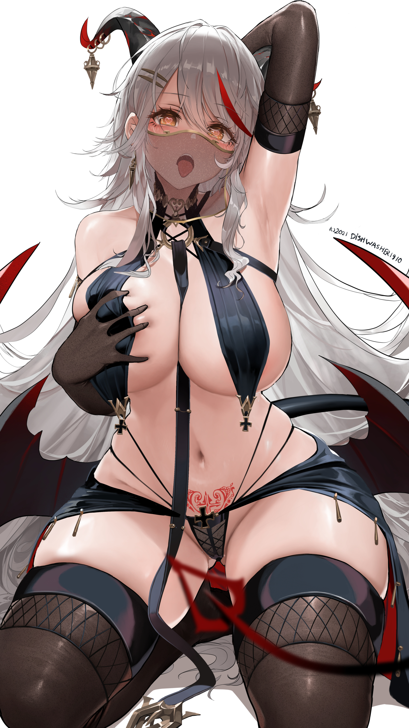 1girls, absurdly long hair, absurdres, aegir (azur lane), arm up, armpits, artist name, ass visible through thighs, azur lane, bangs, bare shoulders, black gloves, black legwear, black panties, breast curtains, breasts, cleavage, collarbone, cross-laced clothes, demon, demon girl, demon horns, demon tail, demon wings, dishwasher1910, earrings, elbow gloves, english commentary, eyebrows visible through hair, female, female only, gloves, grabbing own breast, groin, hair between eyes, hair ornament, hairclip, heart, heart-shaped pupils, highres, horn ornament, horns, iron cross, jewelry, large breasts, long hair, looking at viewer, low wings, mouth veil, multi-strapped panties, multicolored hair, navel, neckwear between breasts, o-ring, open mouth, panties, pubic tattoo, red hair, shadow, sidelocks, simple background, sitting, skindentation, solo, stomach, streaked hair, succubus, succubus tattoo, swept bangs, symbol-shaped pupils, tail, tattoo, thick thighs, thighhighs, tongue, tongue out, underwear, upper teeth, very long hair, waist cape, wariza, white background, white hair, wings, yellow eyes