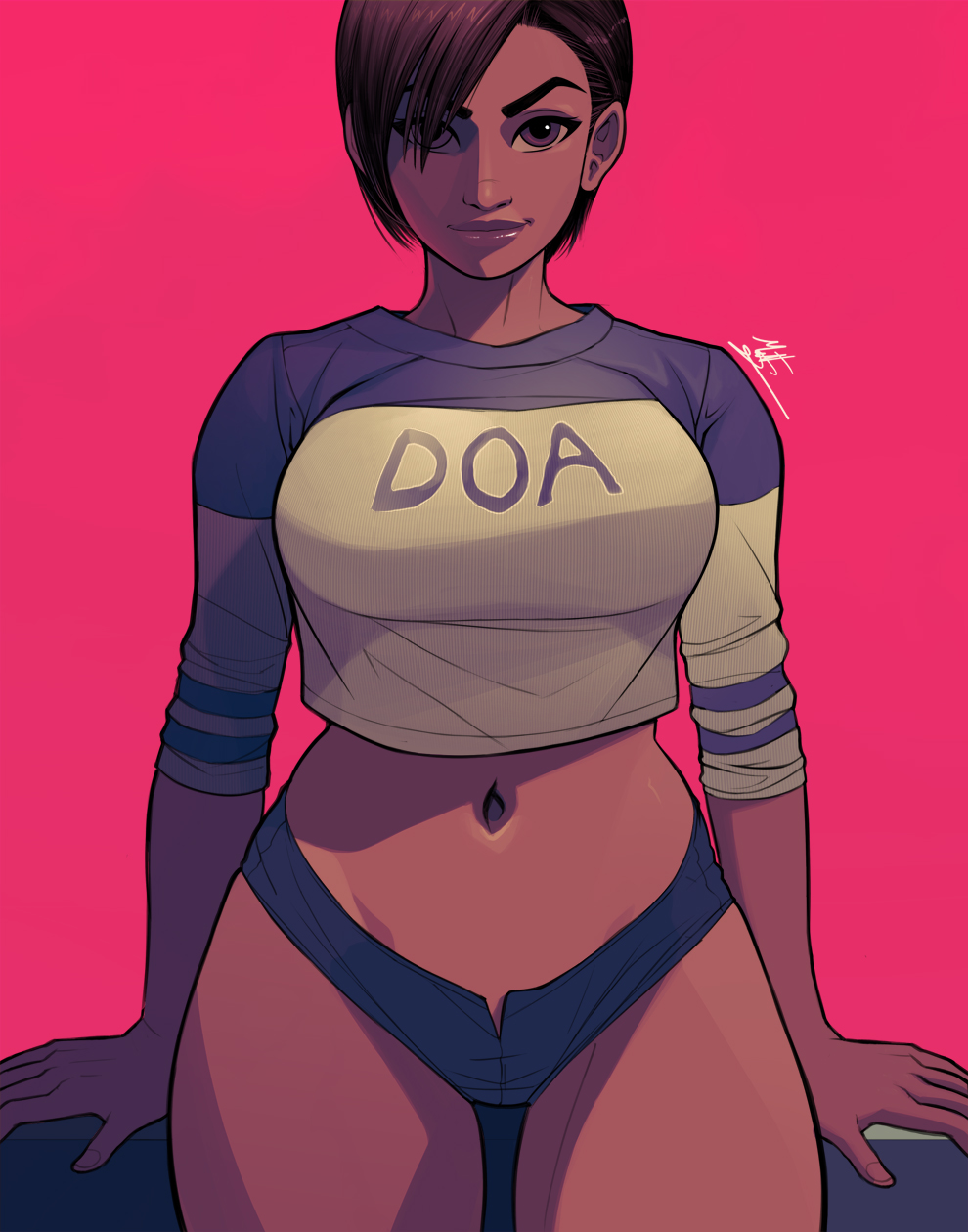 1girls, brown eyes, brown hair, dark skin, dark-skinned female, dead or alive, female, female only, hair over one eye, latina, lisa hamilton, long sleeves, midriff, msperoni, seductive smile, short shorts, triplexmile