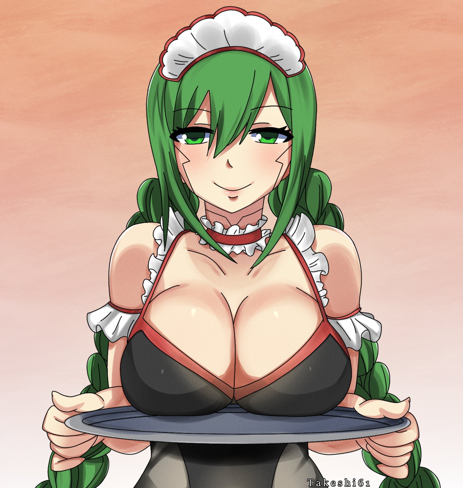1girls, android, big breasts, breasts, cleavage, edens zero, female, green eyes, green hair, long hair, looking at viewer, maid, maid uniform, smiling, solo, takeshi61 (artist), upper body, witch regret