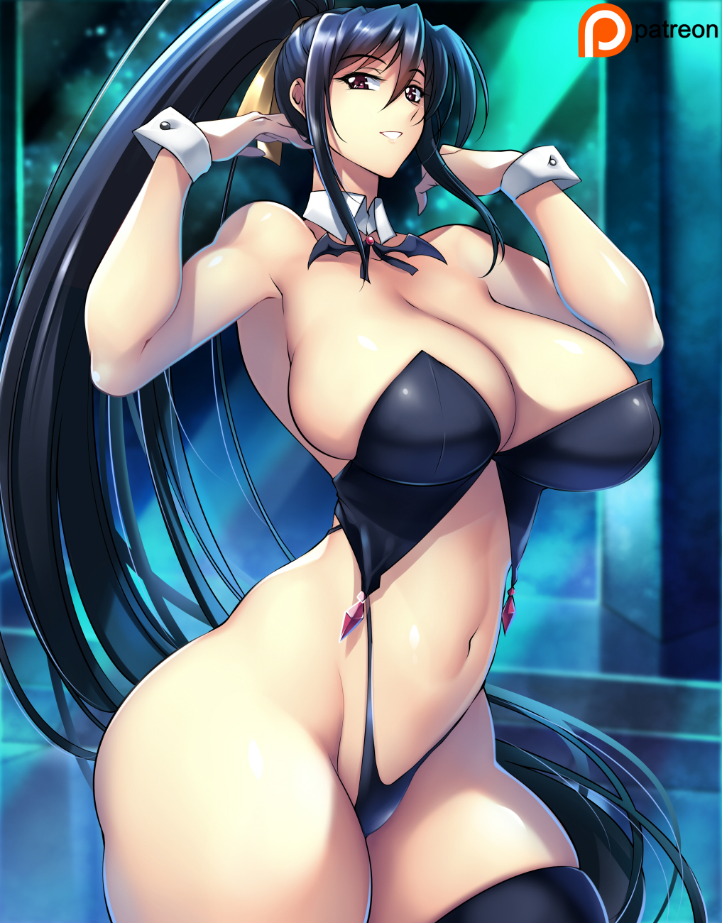 1girls, akeno himejima, black hair, breasts, brown eyes, female, female only, haganef, high school dxd, huge breasts, long hair, ponytail, revealing clothes, thick thighs, voluptuous