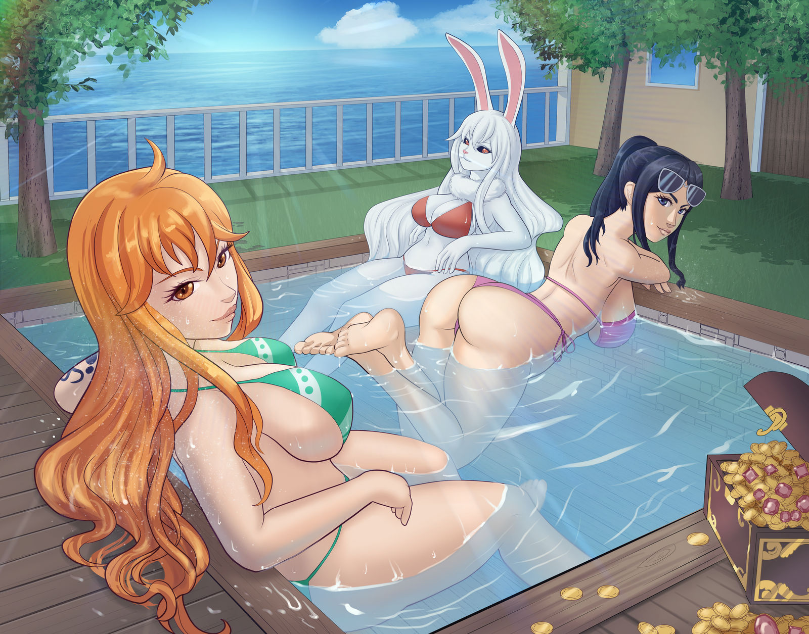3girls, arm tattoo, ass, bathing, bathing together, bikini, bikini bottom, black hair, black-haired female, blue eyes, blue tattoo, breasts, brown eyes, bunny ears, bunny girl, carrot (one piece), dark hair, eyewear, eyewear on head, female, female only, fully clothed, hazel eyes, horizonah221, huge breasts, long hair, looking at viewer, looking back, nami (one piece), nico robin, one piece, orange hair, orange-haired female, pink eyes, pool, post-timeskip, redhead, revealing clothes, striped bikini, sulong carrot, sunglasses, sunglasses on head, swimsuit, tattoo, thong, thong bikini, voluptuous, wet, white hair, white-haired female