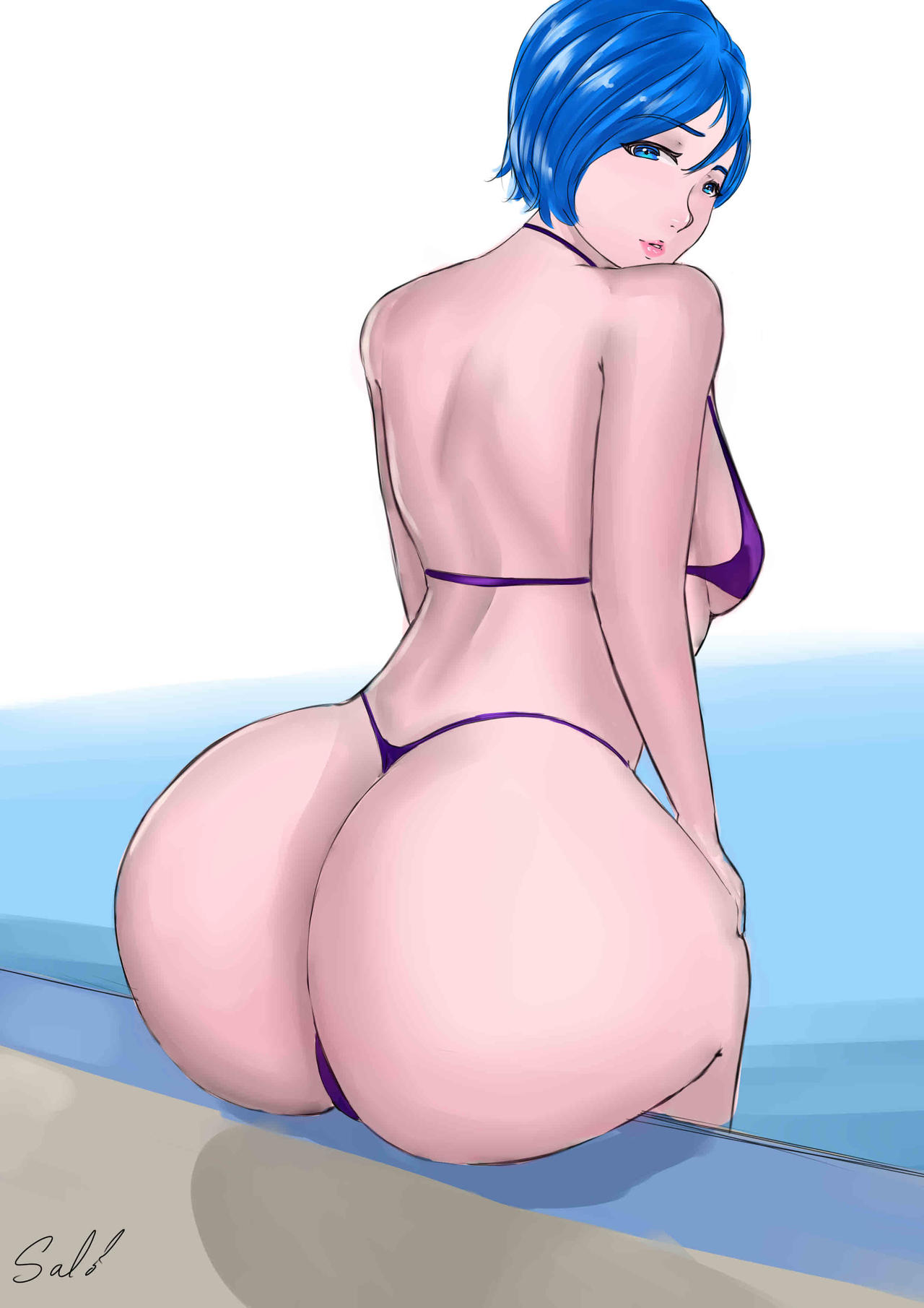 ass blue_eyes blue_hair bubble_butt bulma_briefs dragon_ball dragon_ball_z huge_ass looking_at_viewer looking_back medium_breasts micro_bikini milf pool salsdraws short_hair voluptuous