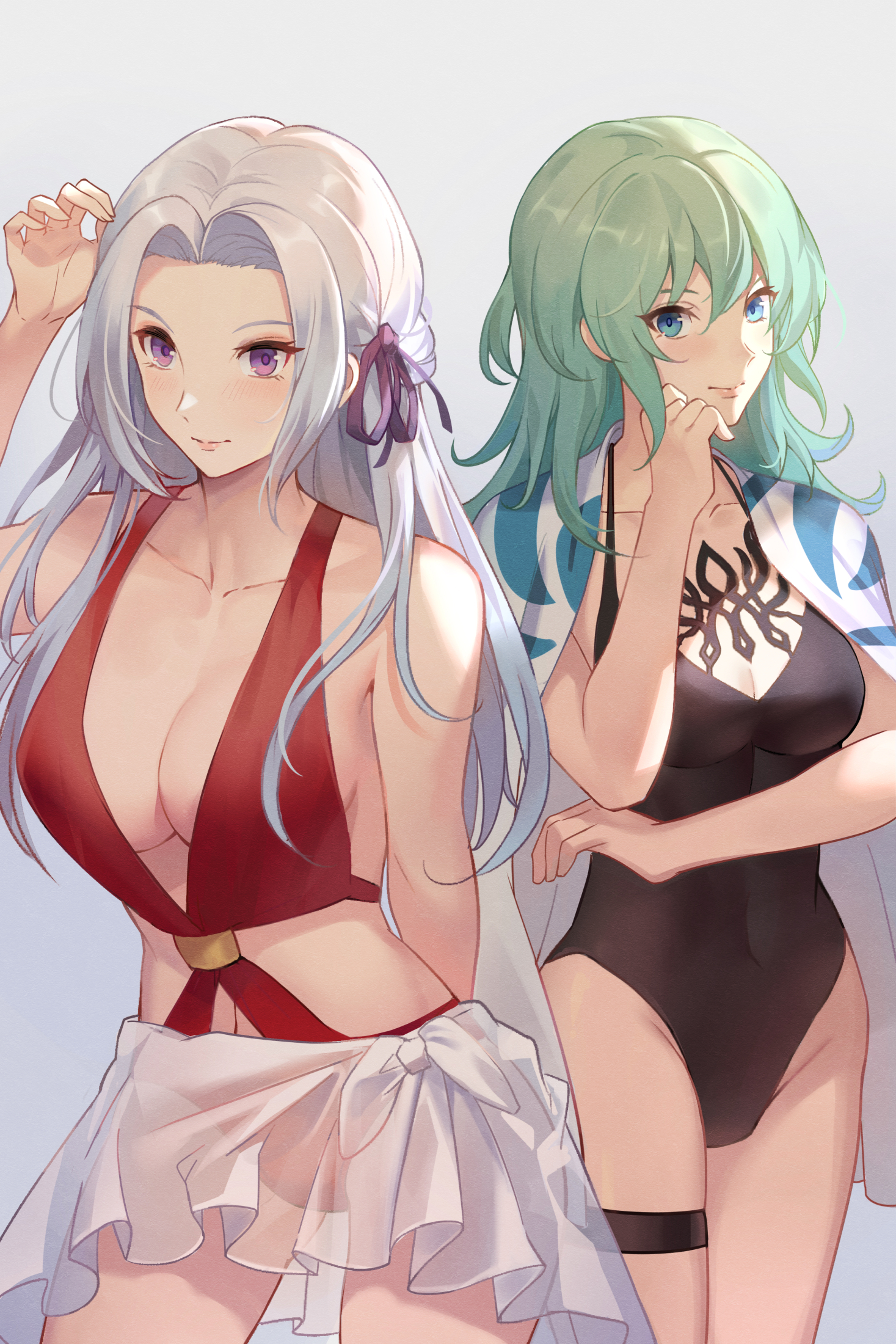 2girls, alternate costume, black swimsuit, blue eyes, breasts, byleth (fire emblem), byleth (fire emblem) (female), cleavage, crest (fe3h), edelgard von hresvelg, female, fire emblem, fire emblem: three houses, frills, green hair, jolker, long hair, medium breasts, medium hair, nintendo, one-piece swimsuit, purple eyes, red swimsuit, sarong, see-through, sideboob, skirt, sling bikini, smile, swim skirt, swimsuit, tattoo, white hair