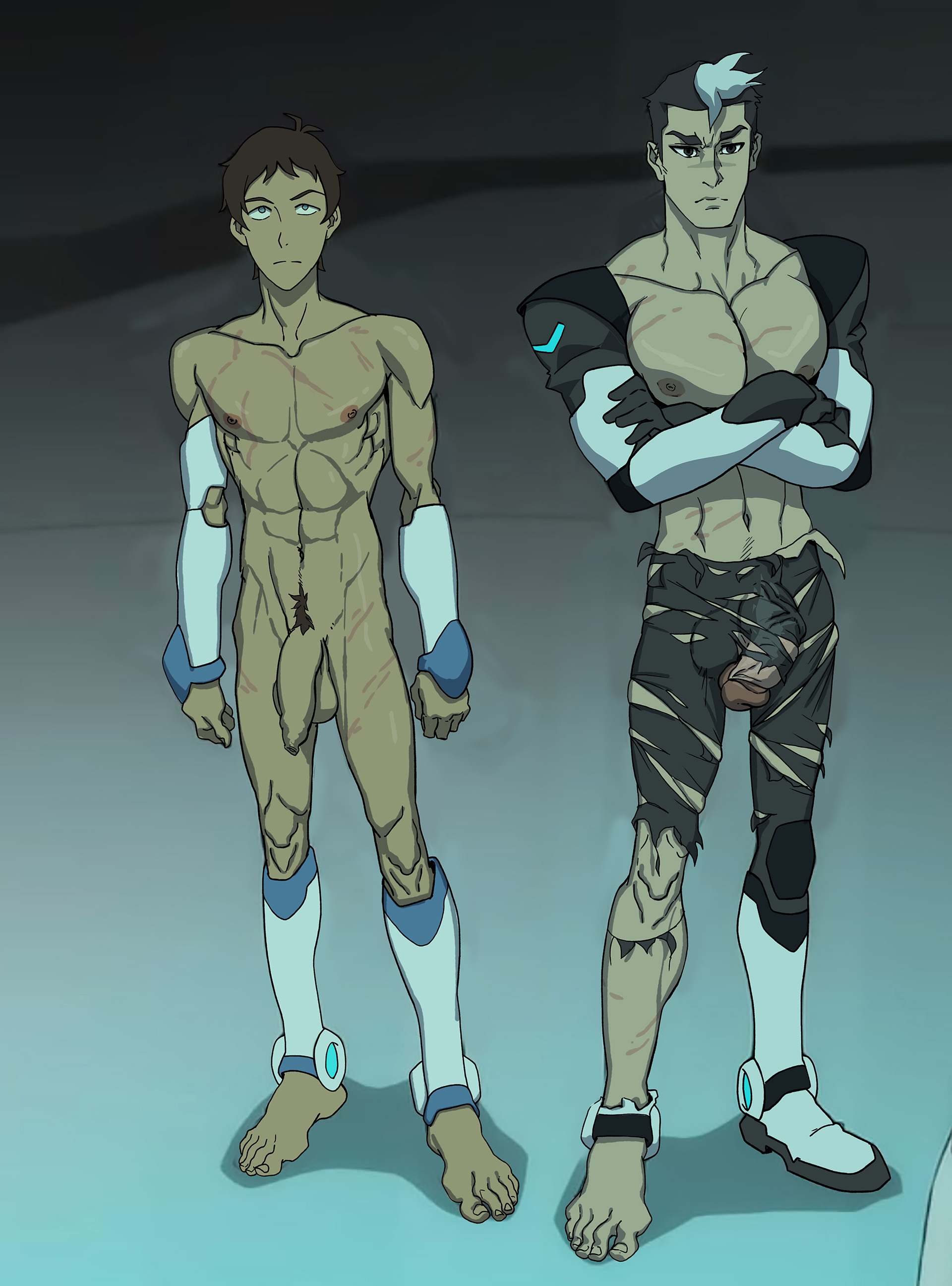 2boys, anma, barefoot, blue eyes, damaged clothes, duo, edit, feet, flaccid, foreskin, foreskin overhang, fully retracted foreskin, lance mcclain, long foreskin, male, male only, muscular, muscular male, partially clothed, penis, retracted foreskin, scars, short hair, takashi shirogane, tan skin, uncircumcised, unretracted foreskin, voltron, voltron: legendary defender, yaoi