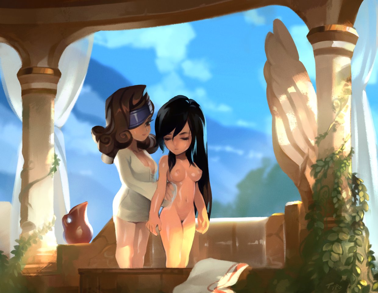 2girls, areolae, bathing, beatrix (final fantasy), breasts, casual, female, female only, final fantasy, final fantasy ix, garnet til alexandros xvii, human, multiple females, multiple girls, nipples, nonsexual, nonsexual nudity, nude, optionaltypo, pale skin, square enix, yuri
