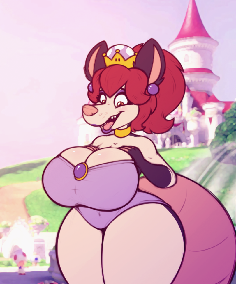 2018 anthro big_breasts breasts castle choker cleavage clothed clothing collar crown didelphid eyeshadow female fur furry furry_only hi_res huge_breasts jewelry large_breasts leotard lipstick makeup mammal mario_(series) marsupial necklace new_super_mario_bros._u_deluxe nintendo princess purple_eyeshadow purple_lipstick royalty solo stunnerpony super_crown tail tania_tlacuache thick_thighs thunder_thighs video_games virginia_opossum wide_hips