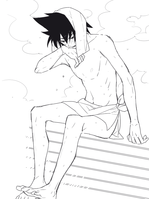 barefoot blush chappa full_body line_art male male_only sauna shimogamo_yaichiro sitting solo spiky_hair steam sweat topless topless_male towel towel_on_head uchouten_kazoku