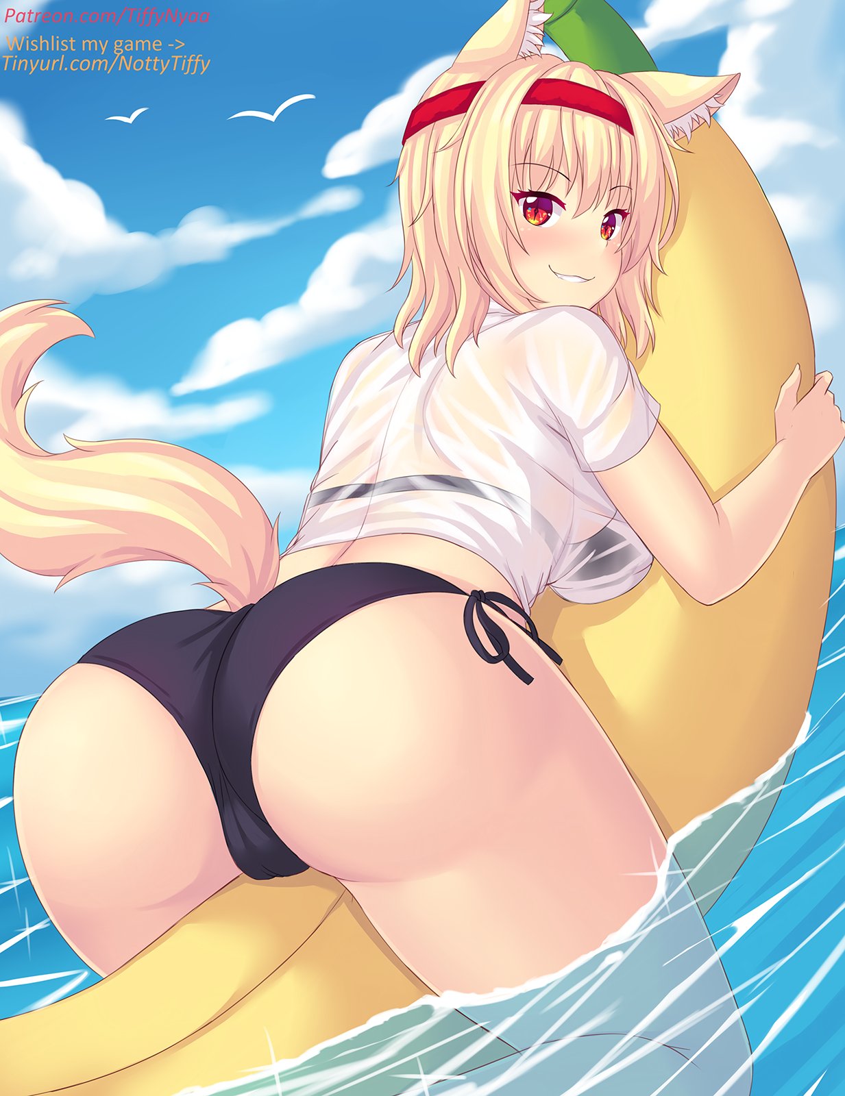 alternate hairstyle, animal ears, ass, bikini, black bikini, blonde hair, blush, cameltoe, female, grin, headband, looking at viewer, looking back, no pants, original, pussy, red eyes, see-through, see-through clothing, see-through top, short hair, side-tie bikini, straddling, swimsuit, tagme, tail, thighs, tiffy, tiffynyaa, trefoil, wet, wet clothes